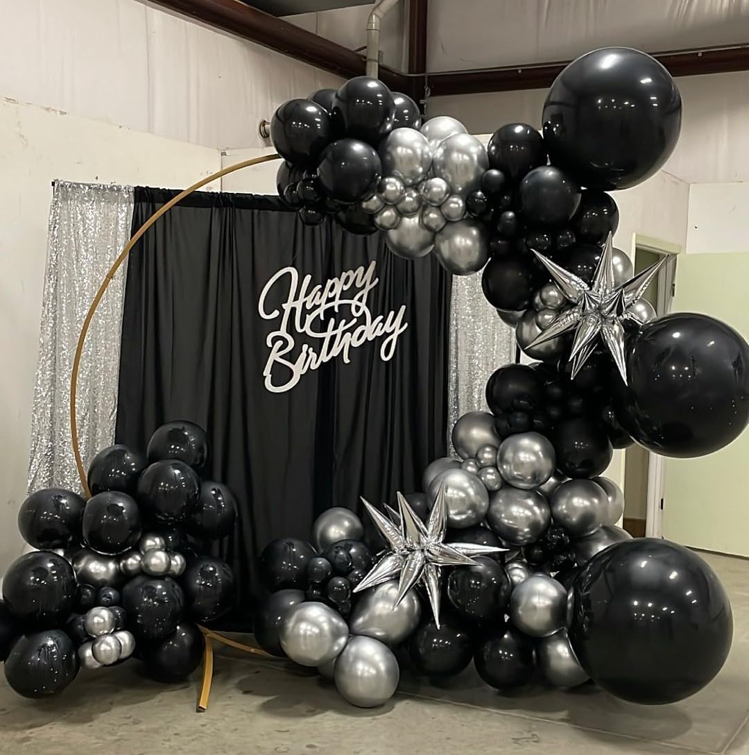 Black and Silver Balloon Arch Kit, 201Pcs Explosion Star Black Metallic Silver with Confetti Balloon Garland kit, Different Size Balloons for Anniversary Birthday Disco Party Decorations