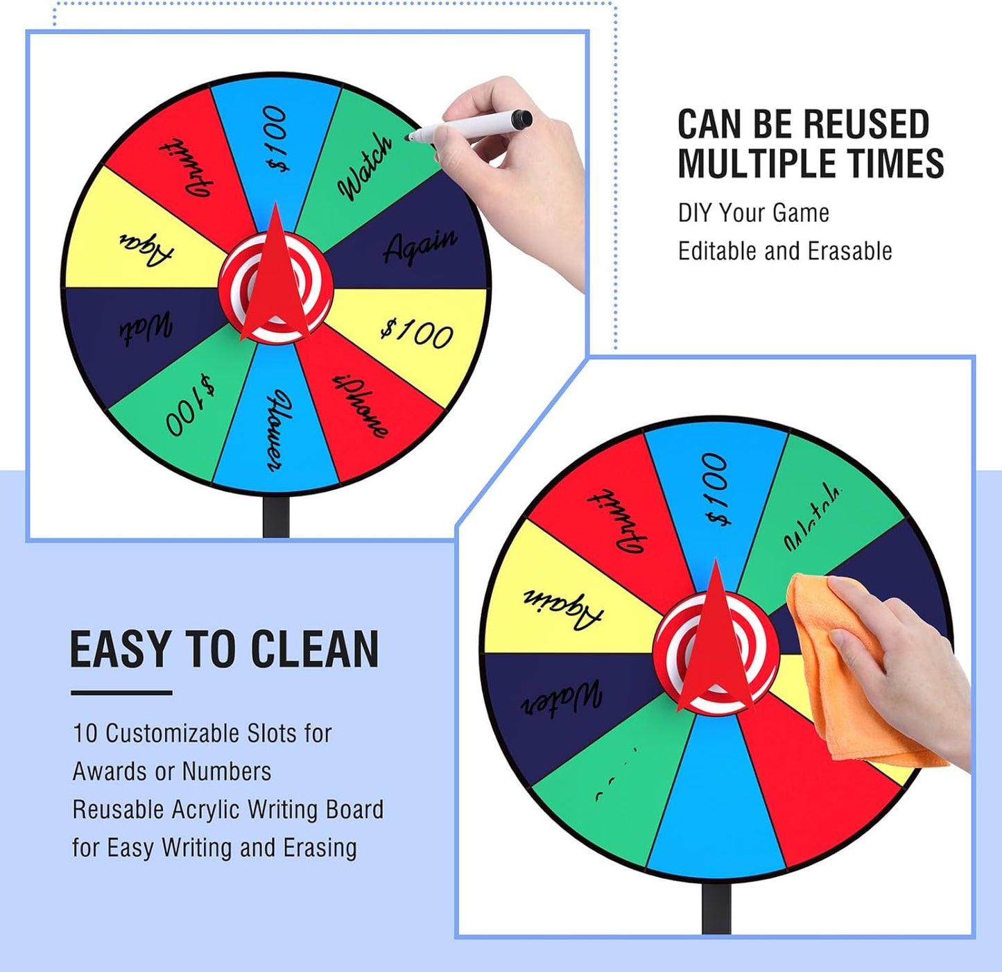 8 Inch Prize Wheel Spinner with Stand, Dry Erase Spinning Wheel for Prizes with Marker and Cloth Used for Wiping, Spin The Wheel Game for Home Parties, Trade Shows & Classroom Activities