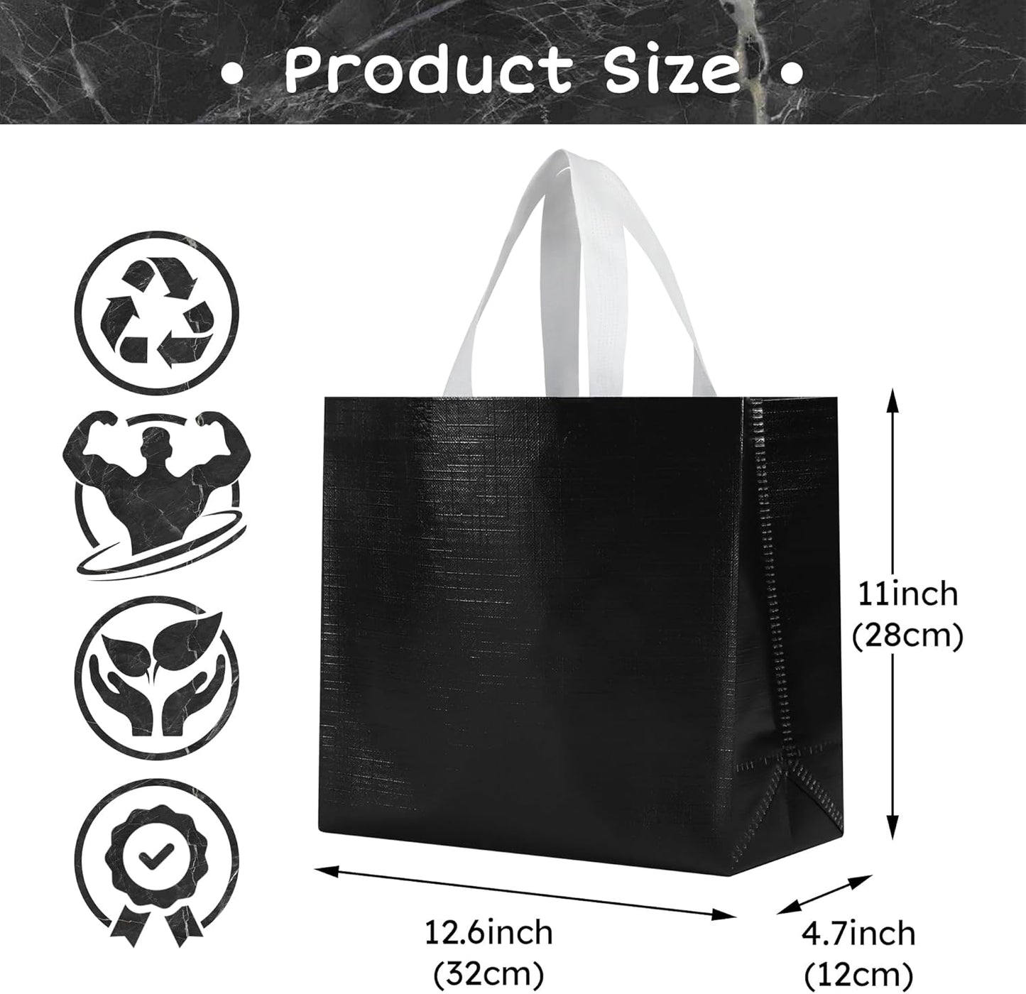 cabzymx Black Reusable Gift Bags with Metallic Design, 25 Pcs Non-woven Gift Bag Bulk with Handles, 12.6x4.7x11 In Glossy Party Bags for Wrapping Gifts, Birthday, Wedding, Parties, Graduation