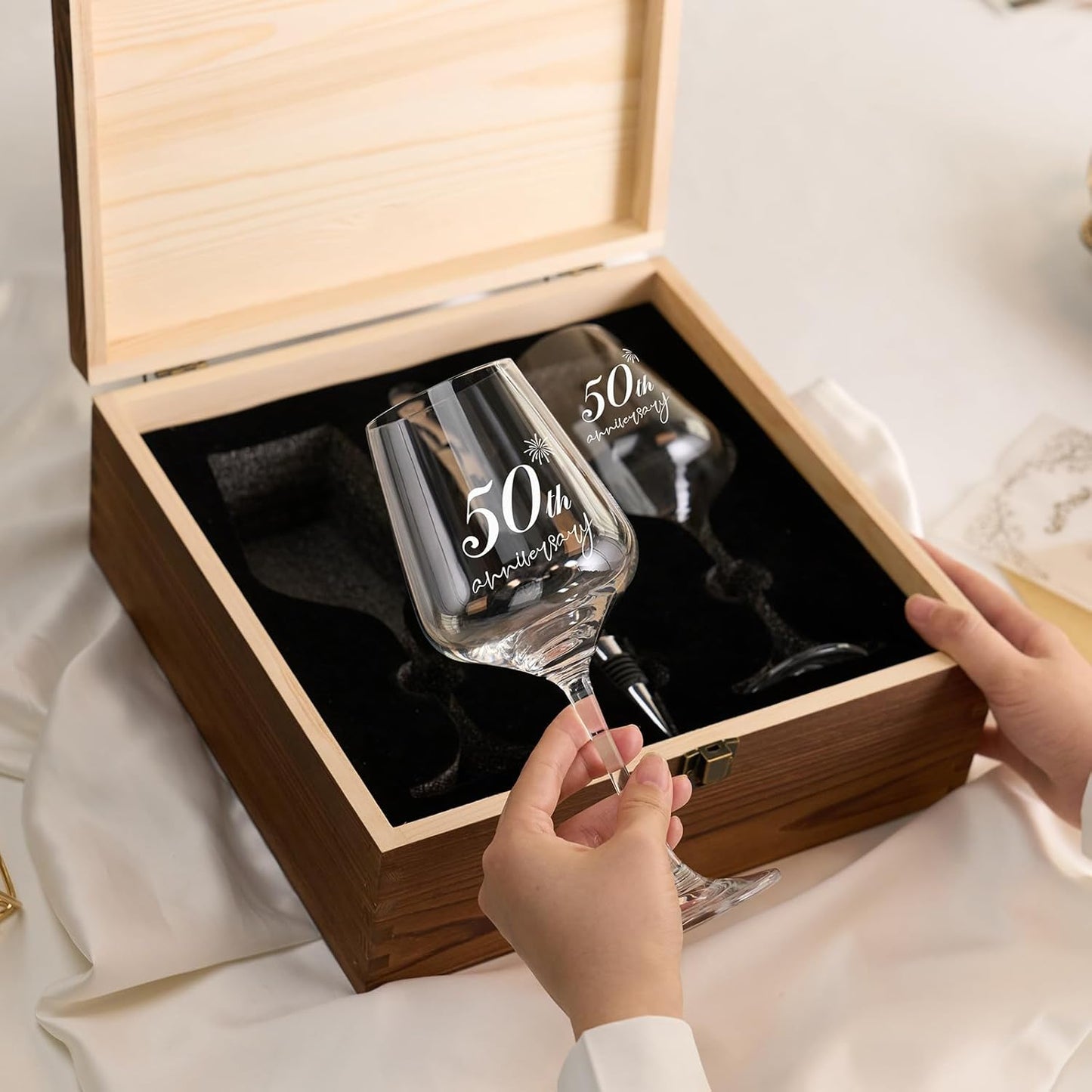 AW BRIDAL 50th Anniversary Wedding Gifts 50th Golden Couples Gifts 50th Wedding Gift for Parents, Husband, Wife - 50th Anniversary Wine Glasses with Wood Keepsake Box