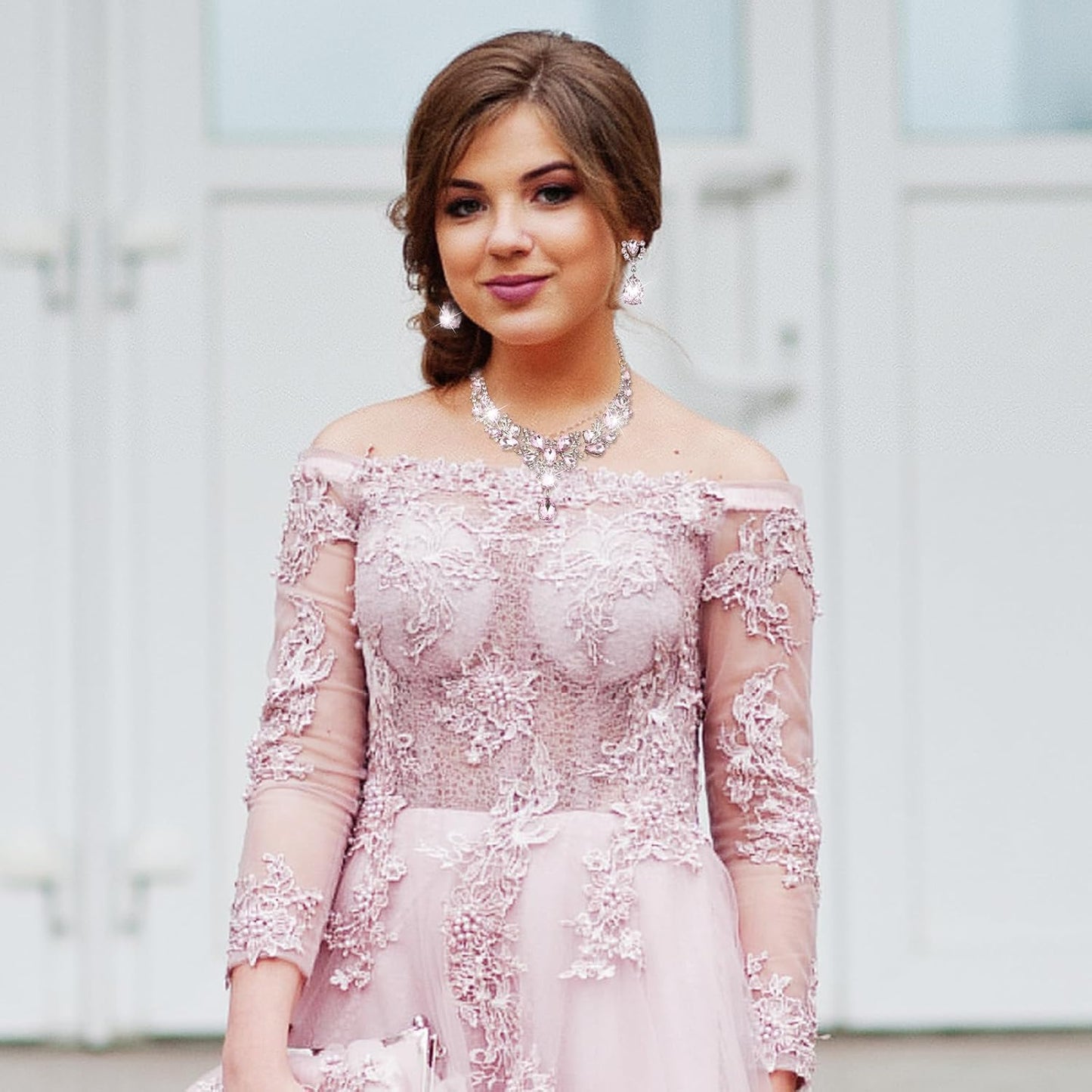 Hicarer Bridal Teardrop Cluster Crystal Jewelry Set for Women Necklace Earrings Wedding