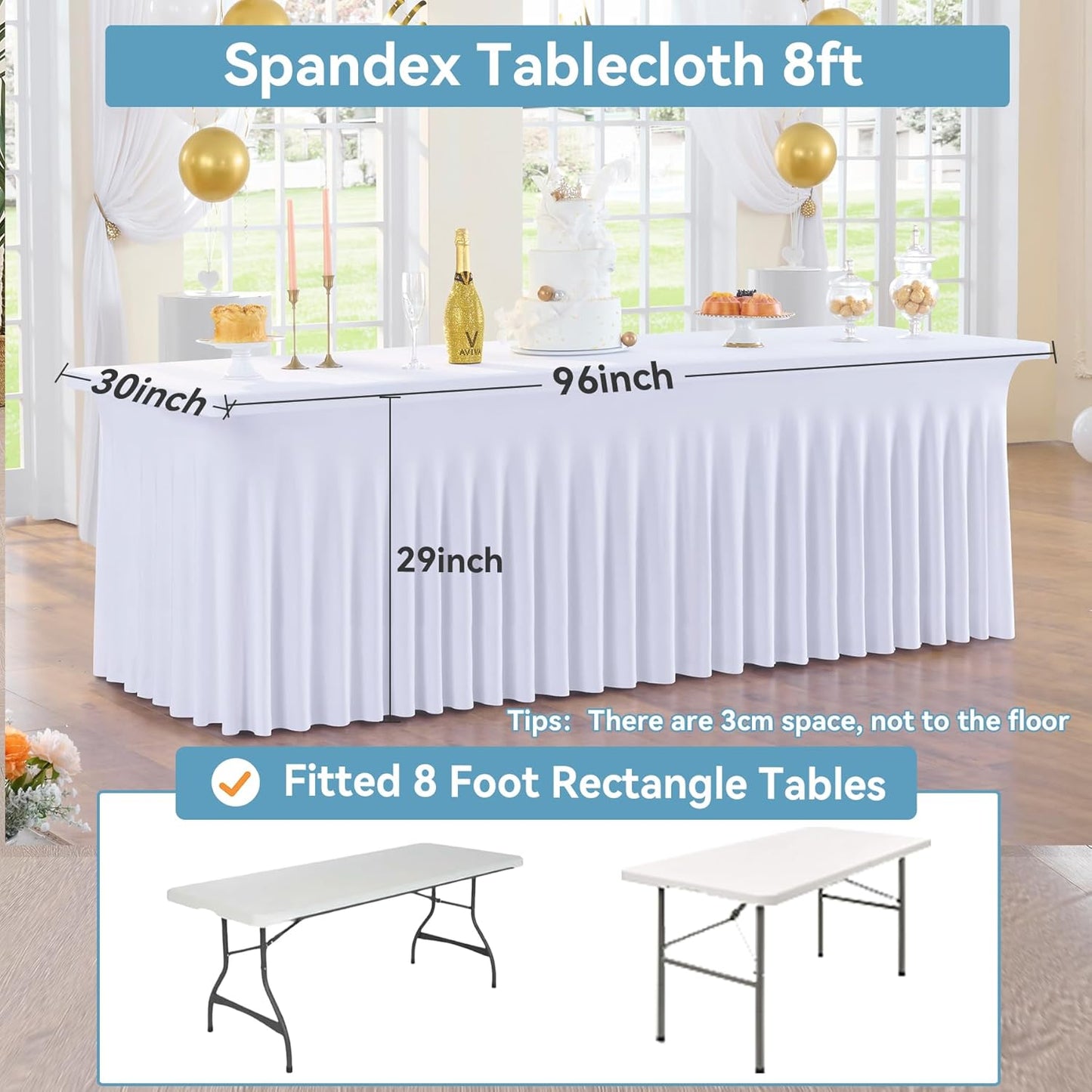 2 pk White Spandex Table Cloth Rectangle 8ft with Ruffle Skirt,Wrinkle Free High-Stretch Fitted Tablecloths for 8 Foot Rectangle Tables,Elastic Spandex Table Covers 8 ft for Parties Weddings Banquet