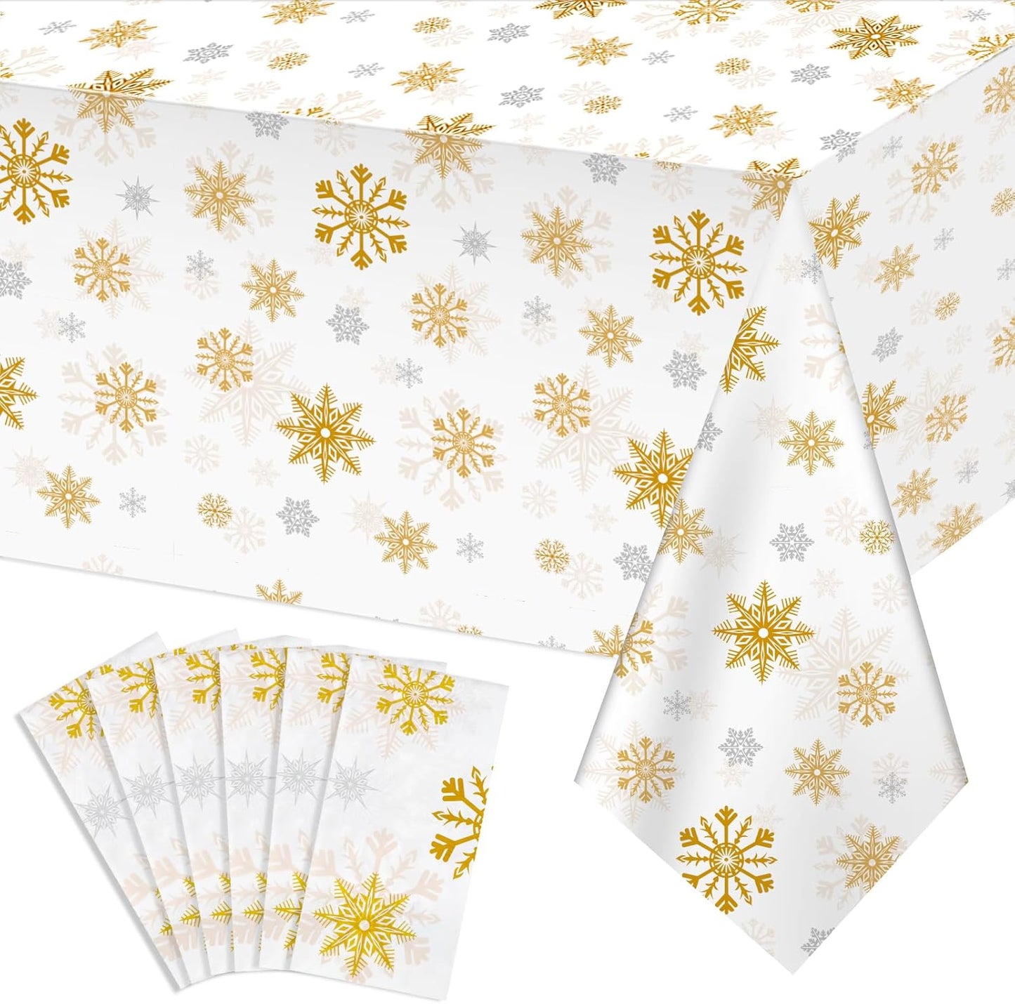 6 Pack Christmas Snowflake Plastic Tablecloth, 54 x 108Inch White and Gold Snowflake Table Cloth Disposable Waterproof Winter Snowflakes Table Cover for Winter Holiday New Year Party Supplies Decor