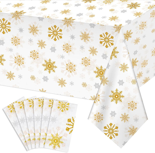6 Pack Christmas Snowflake Plastic Tablecloth, 54 x 108Inch White and Gold Snowflake Table Cloth Disposable Waterproof Winter Snowflakes Table Cover for Winter Holiday New Year Party Supplies Decor