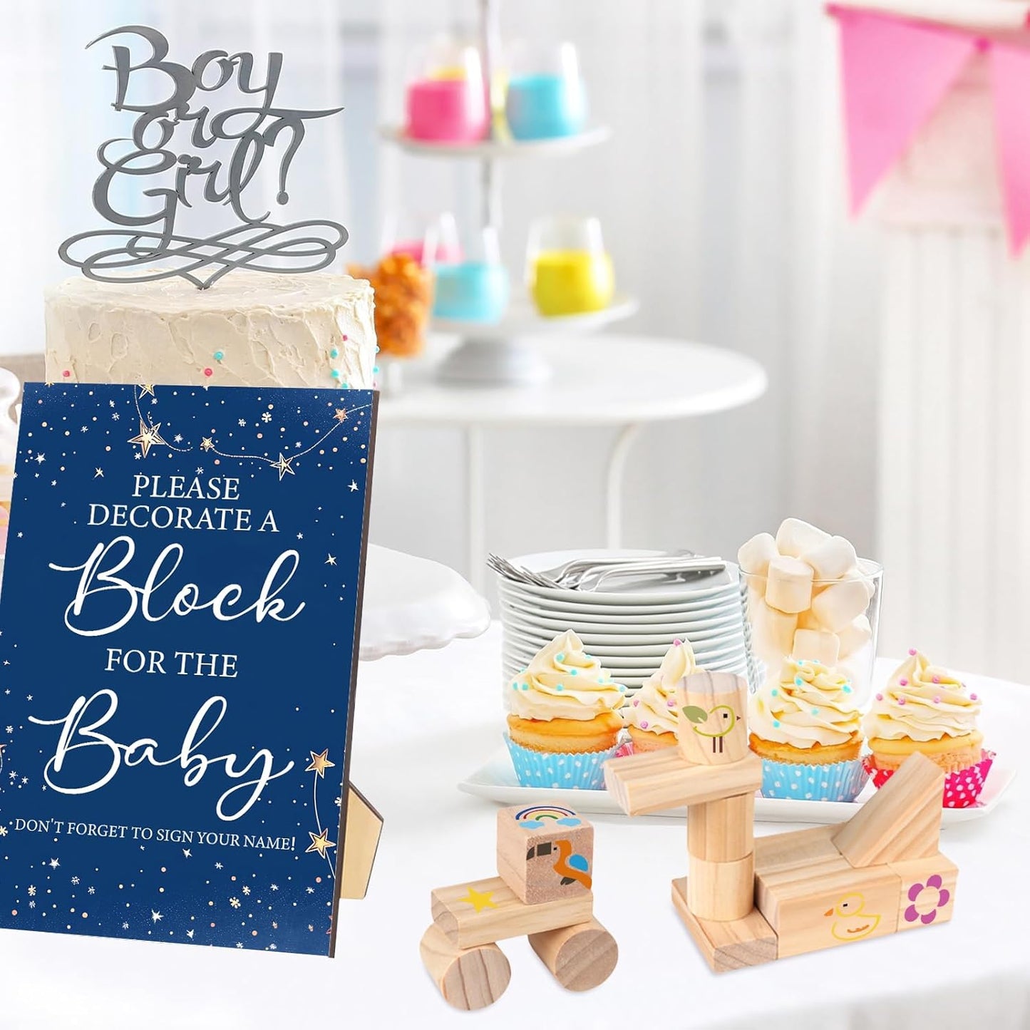 141 Pcs Baby Shower Game Sign Set Includes Decorative Square Signs 100 DIY Blank Wooden Blocks 20 Paint Markers(Star)