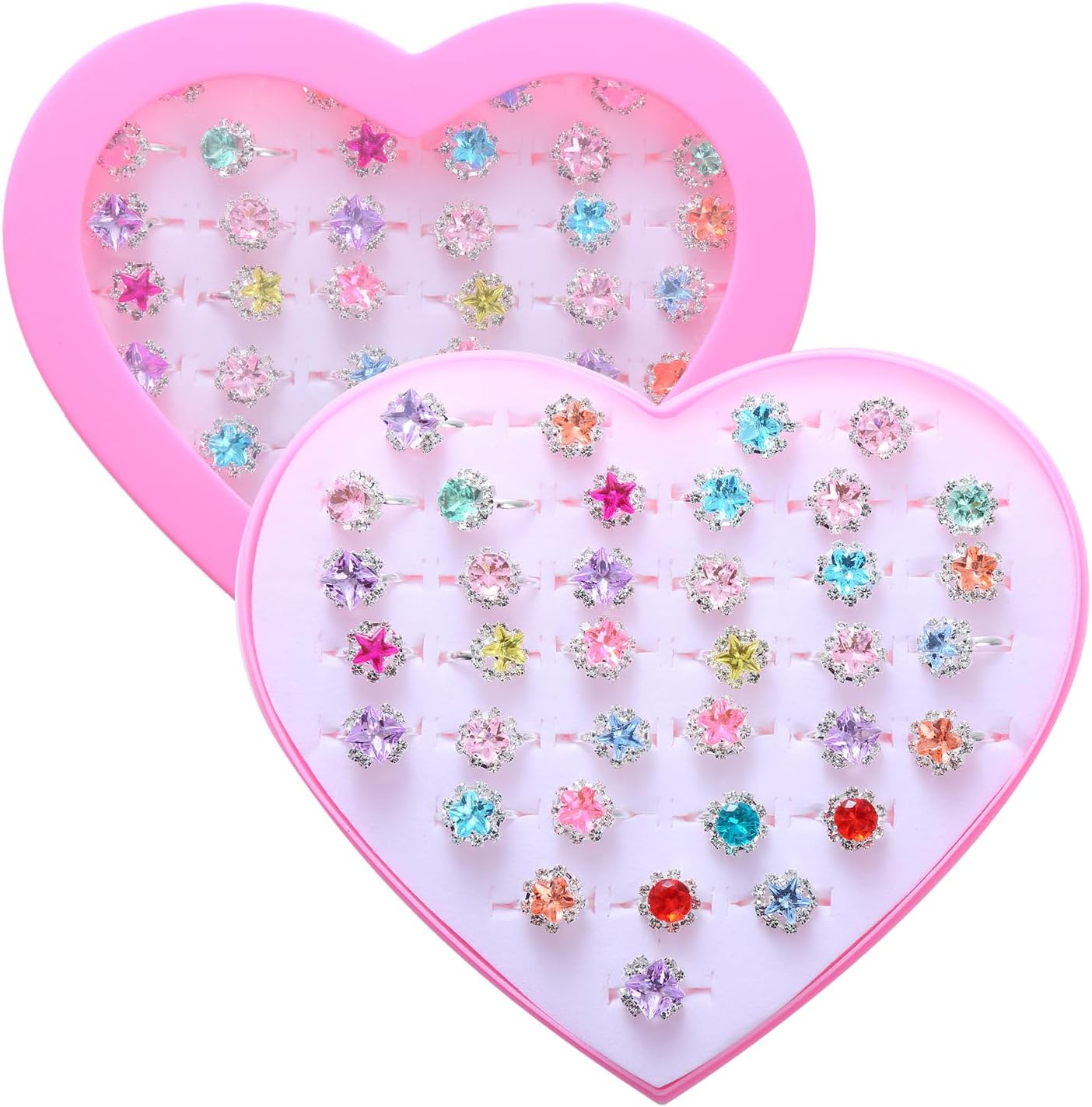 36pcs Little Girl Rhinestone Gem Rings,Adjustable,Random Color Style Diamond Kids Play Rings in Box,Pretend Play and Dress Up Rings for 4-12 Year Old Girl Birthday Gifts, 3 4 5 6 7 8 9 10 11 12