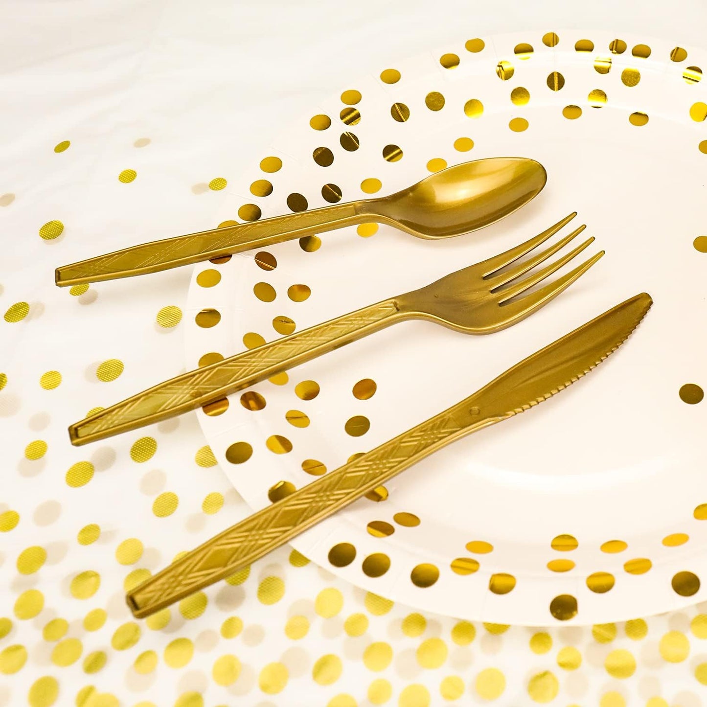 176 Pieces Gold Disposable Party Dinnerware Set &Golden Dot Disposable Party Dinnerware - Black Paper Plates Napkins Cups, Gold Plastic Forks Knives Spoons