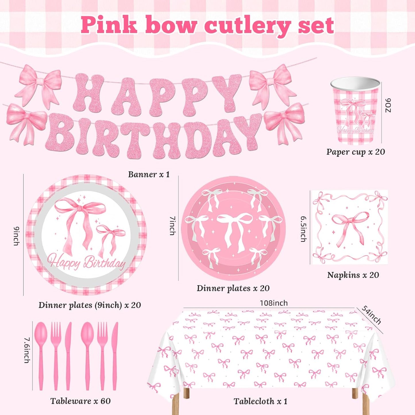 142Pcs Pink Bow Birthday Party Supplies Kit,Lncludesice Bow Themed Plates Cups Napkins Cutlery Tablecloth and Banner, for Bridal Engagement Princess Birthday Party Decorations,Serve 20