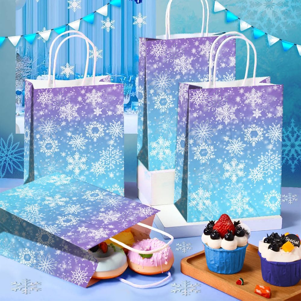 24 Pcs Snowflake Party Favor Bags with Handles - Winter Themed Goodie Gift Candy Kraft Paper Bags for Holiday Birthday Party Supplies Decorations