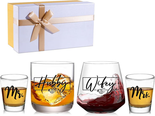 Christmas Wedding Gifts for Couples 2025, Bridal Shower Gifts, His and Hers Glass, Mr and Mrs Shot Glass, Drinking Glasses Set, Hubby and Wifey Gift, Anniversary Christmas Gift for Couple