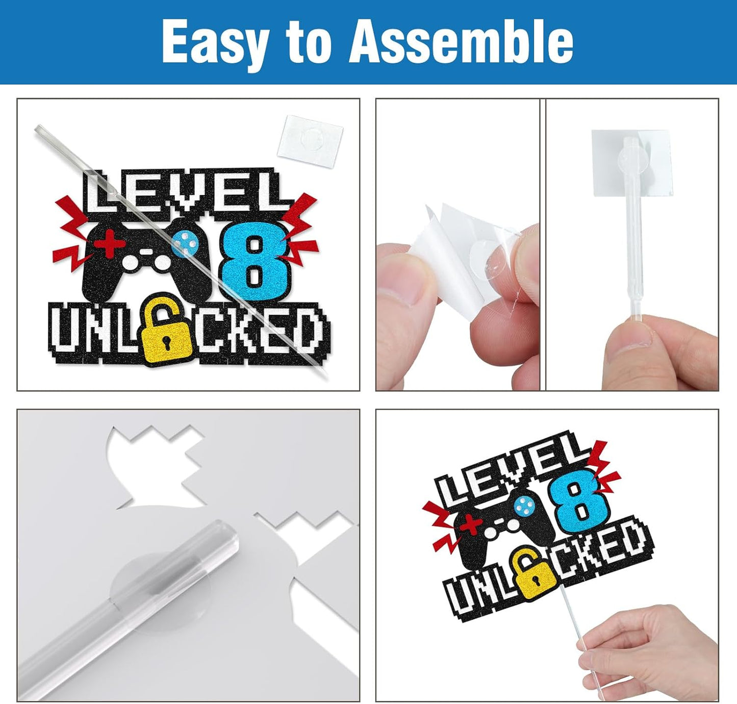 Video Game Cake Topper, Level 8 Unlocked Cake Toppers, Happy 8th Birthday Game Party Decorations for Boys Girls, Video Game Controller Themed Birthday Party Supplies for Game Fans, Kids and Men