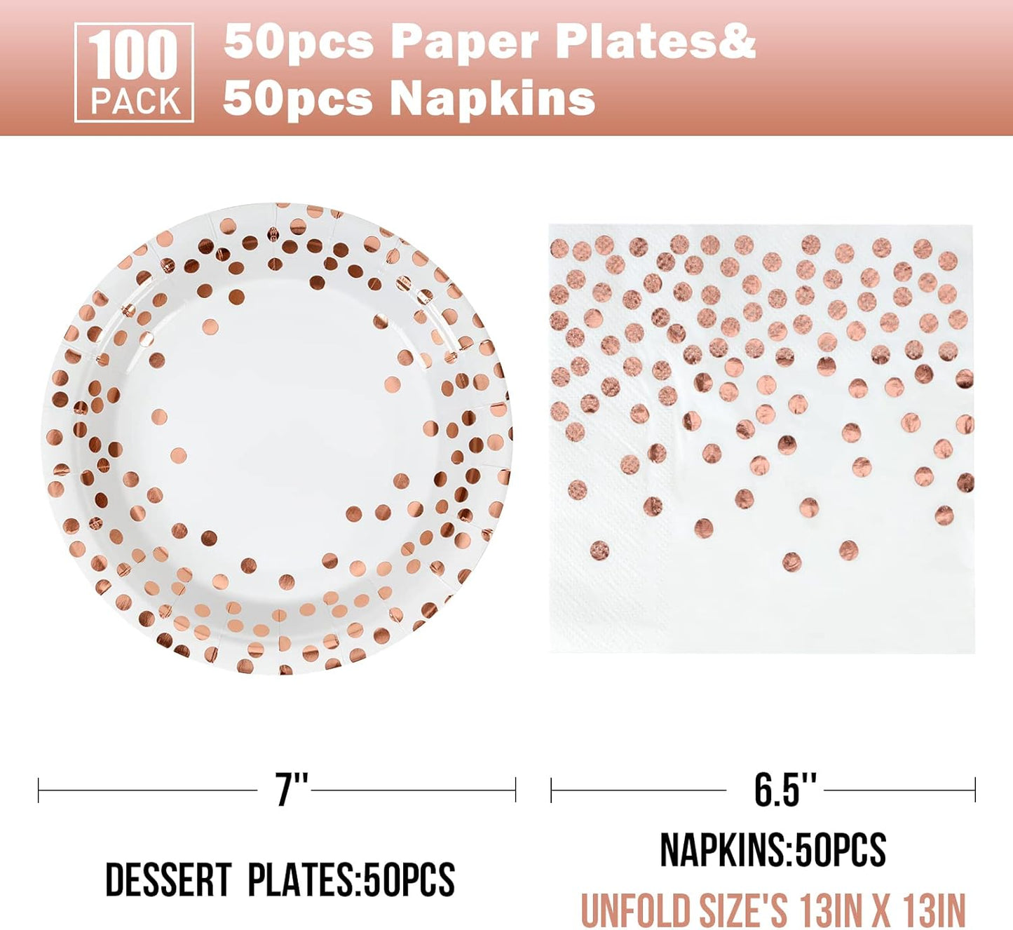 Disposable Paper Plates 100 Pack-White and Rose Gold Plates 50x7&Rose Gold Dot Napkins 50x6.5,Paper Plate and Napkins Party Supplies for Birthdays,All Occasions