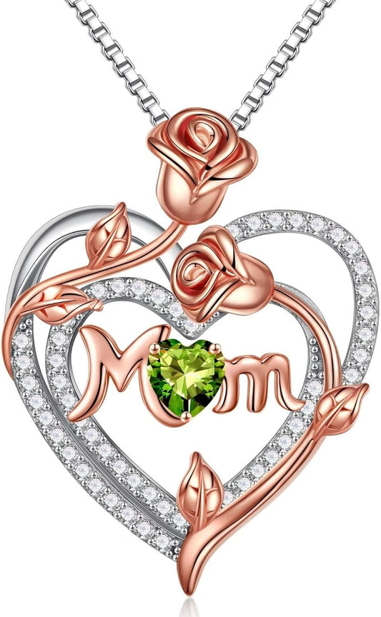 Iefil Christmas Gifts for Mom- 925 Sterling Silver Necklace, Rose Heart Birthstone Necklace, Stocking Stuffers for New/Step/Bonus Mom/Mother in Law