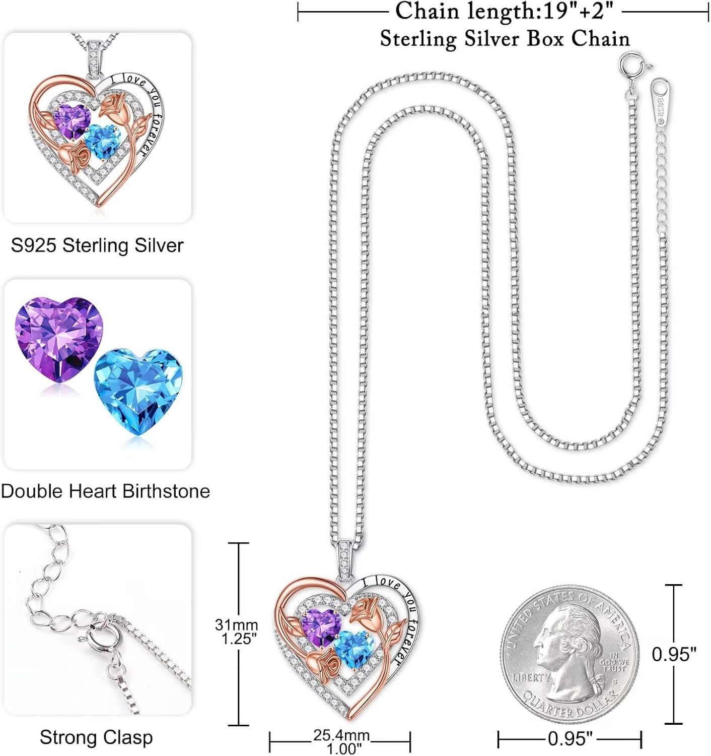 Iefil Birthstone Necklace for Women - Sterling Silver Birthstone Necklace Anniversary Birthday Gifts for Her Wife Mom Daughter