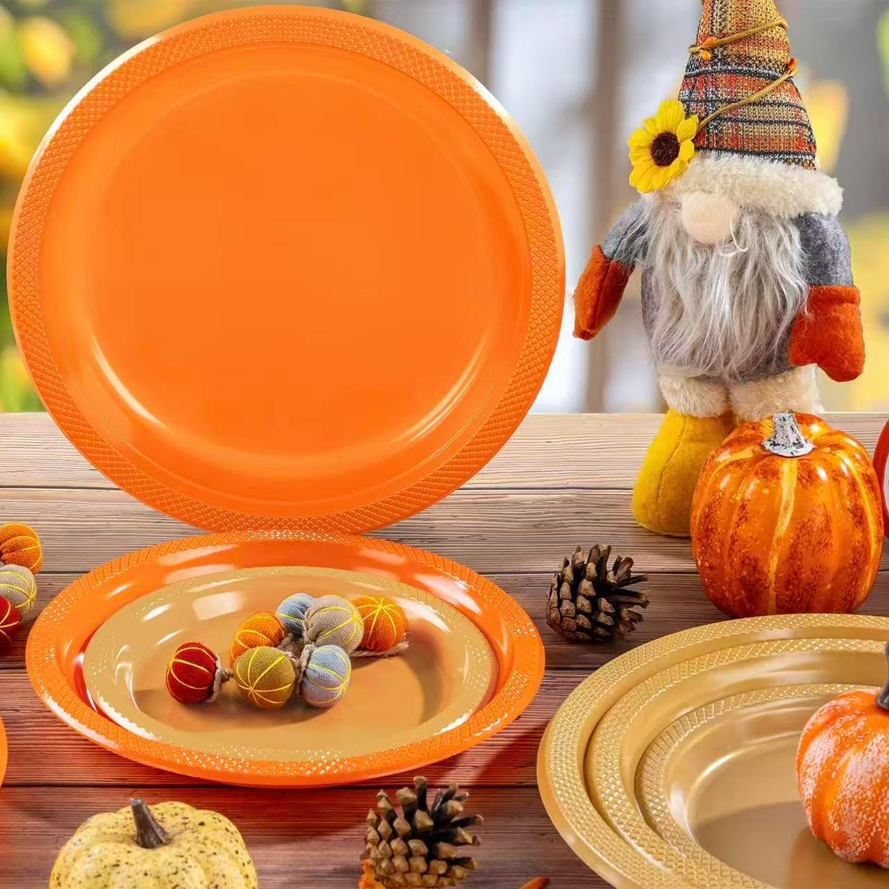 WELLIFE Orange Plastic Plates 9 Inch 50 Count Disposable Plate Thanksgiving Plates for Party, Dessert Plate for Dinner Cake Salad Thanksgiving Supplies Birthday