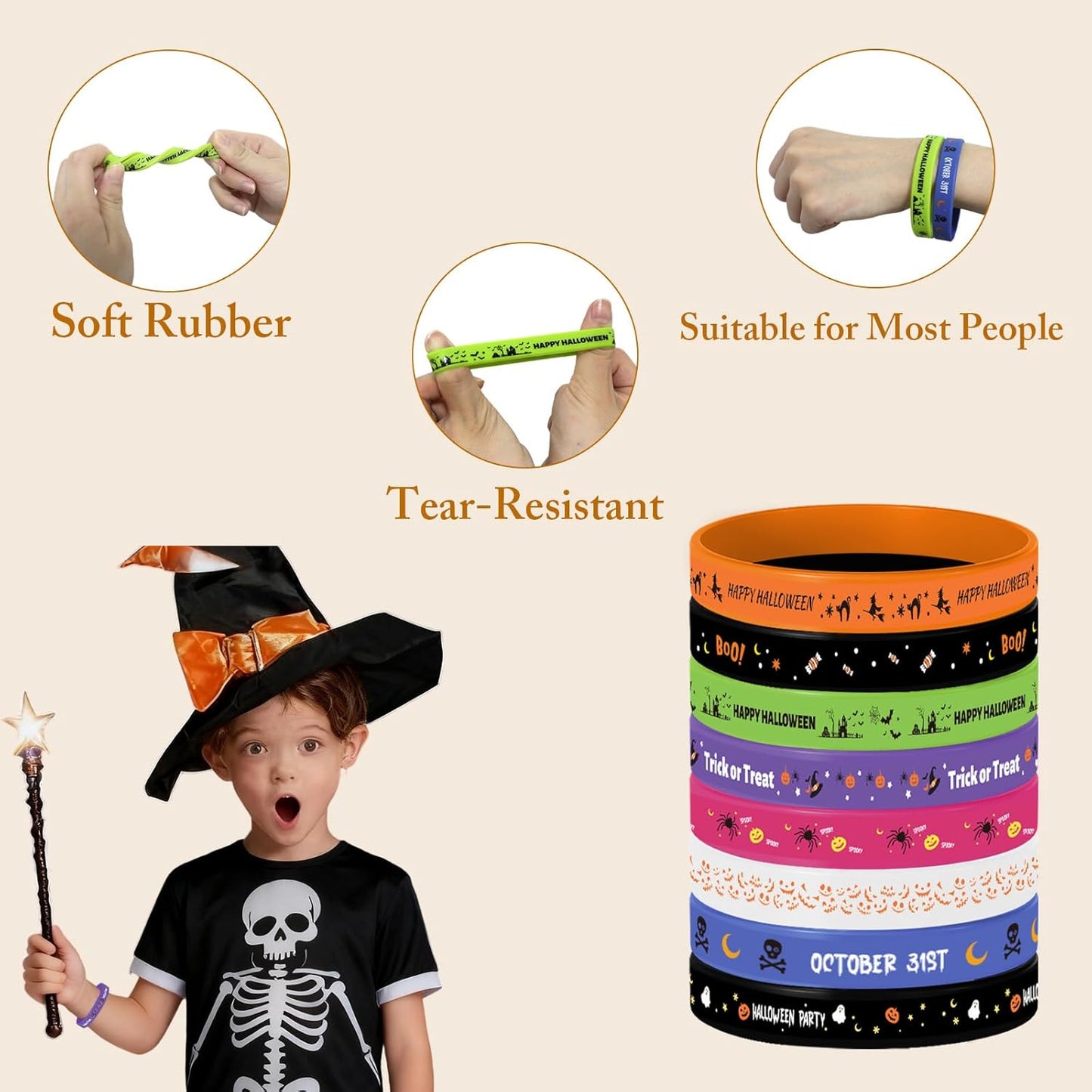 24Pcs Halloween Party Favors, 8 Designs Silicone Bracelets Rubber Wristbands for Kids Halloween Party Decor Trick or Treat Classroom Supplies
