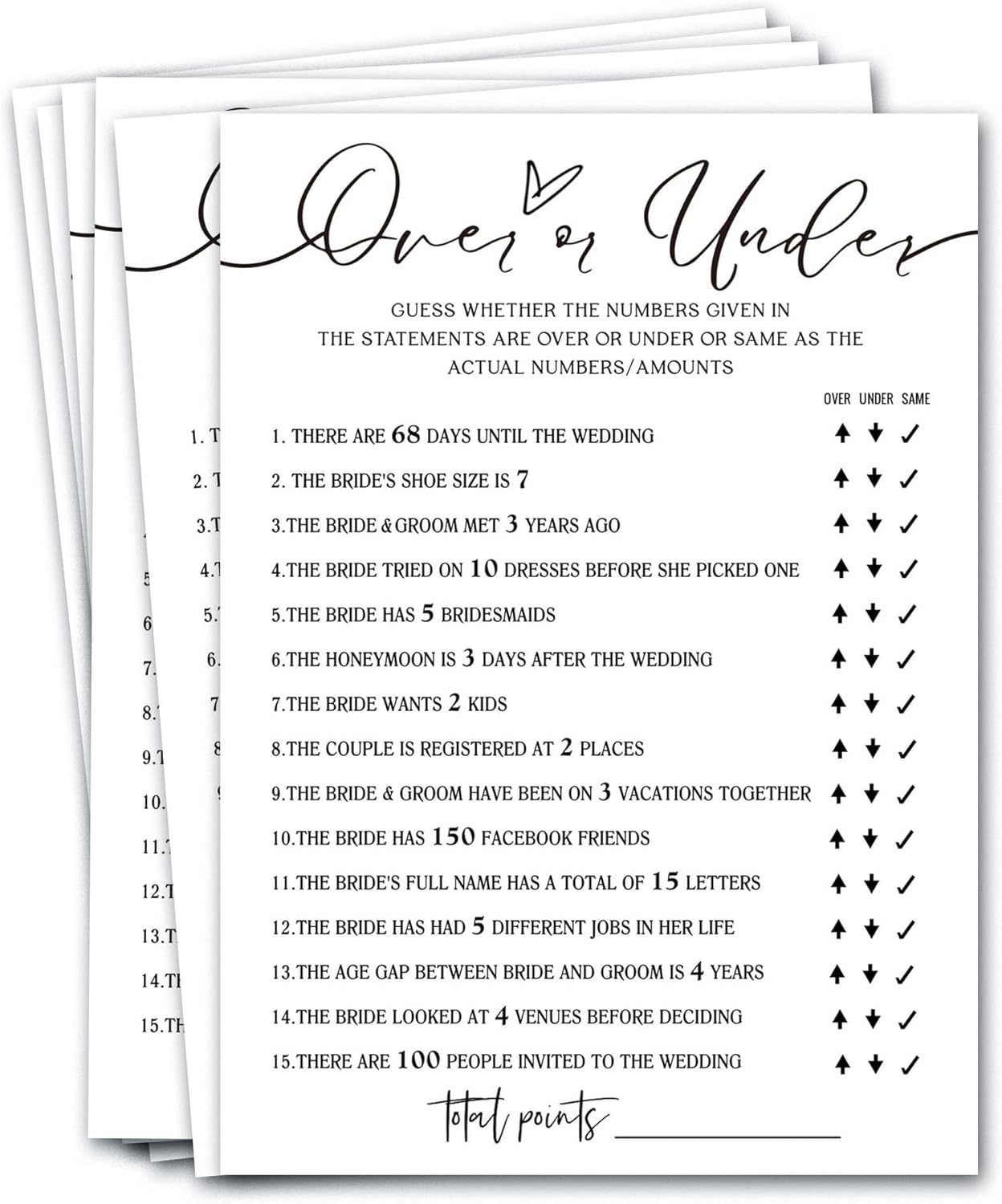 Wedding Shower Games Cards, Guess Over or Under, Bridal Shower Games 25 Guests, Engagement Party Wedding Games for Guests, Minimalist White Wedding Party Supplies - A13