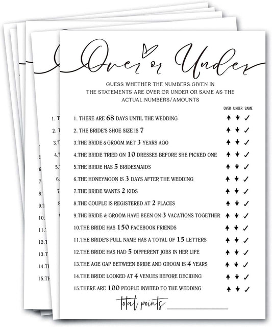 Wedding Shower Games Cards, Guess Over or Under, Bridal Shower Games 25 Guests, Engagement Party Wedding Games for Guests, Minimalist White Wedding Party Supplies - A13