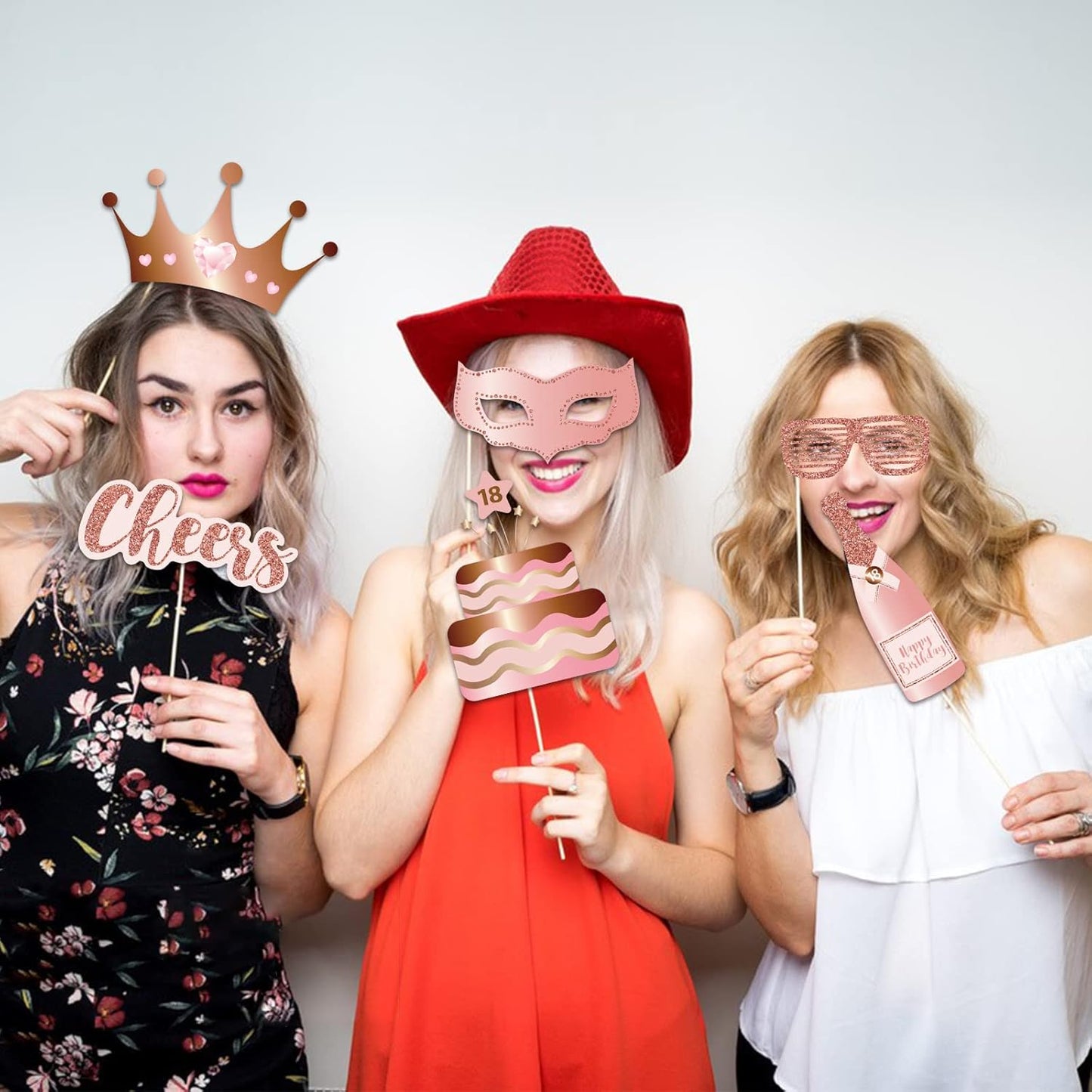 18th Birthday Party Photo Booth Props and Signs, Rose Gold 18 Birthday Party Selfie Props Kit with Sticks for Girls Women, Eighteen 18th Happy Birthday Party Decorations Supplies Favors