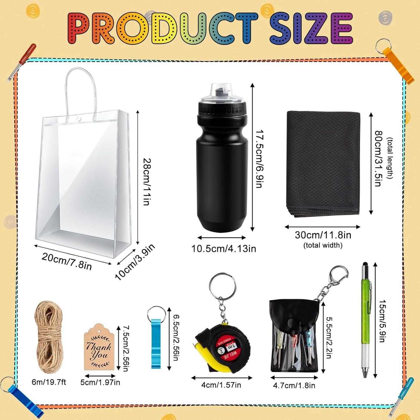 6 Sets Baby Shower Prizes for Men with Kettle Ruler Pen Cooling Towel Tool Kit Bottle Opener Cardboard Hemp Rope Plastic Bag for Baby Shower Game Winners Men Bachelor Party