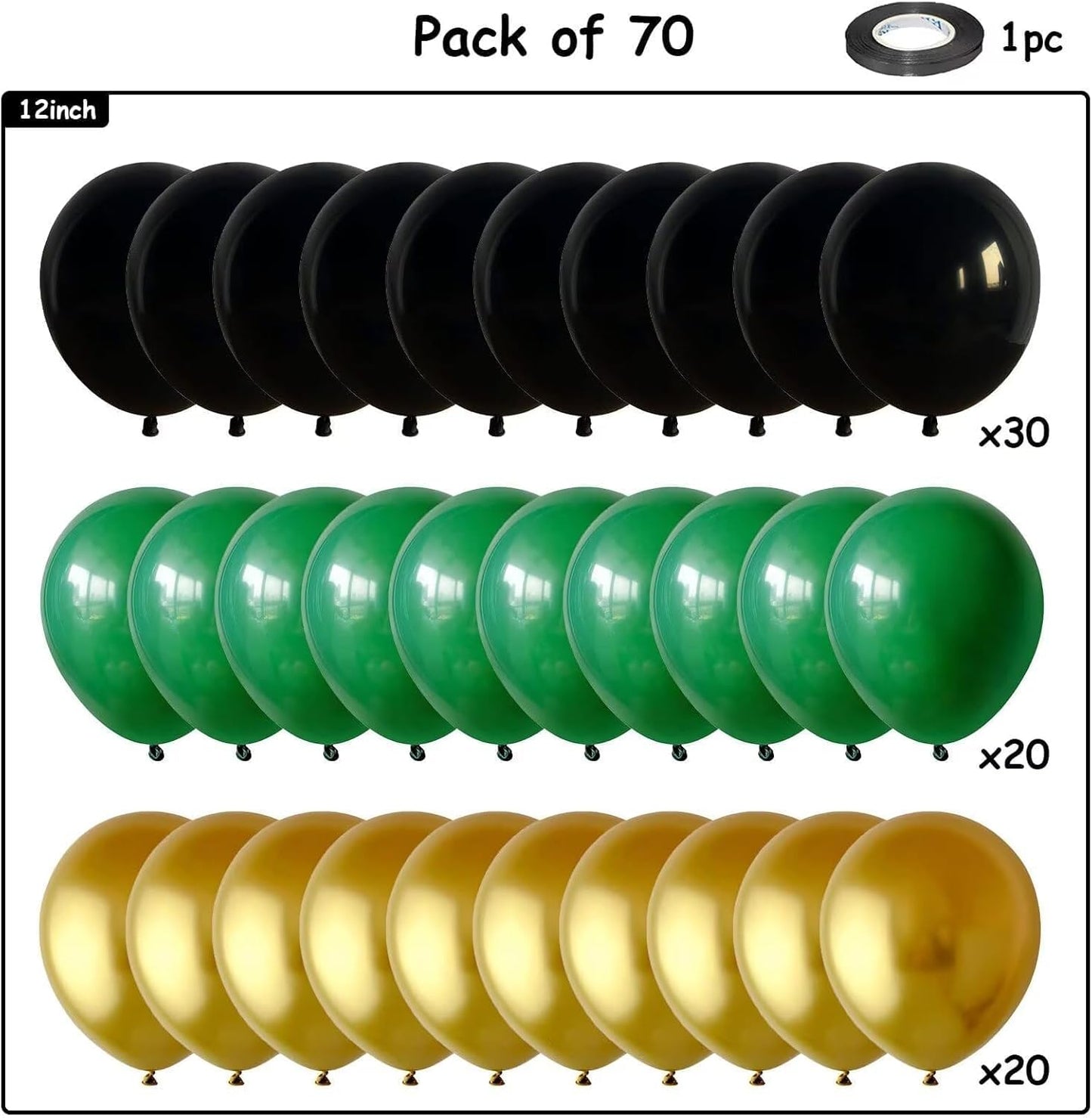 Balloons Green Black and Gold, 70pcs 12 Inch Dark Green Metallic Chrome Gold Black Latex Helium Balloons for Jungle Safari Theme Birthday Video Game Party Supplies Graduation Wedding Party Decorations