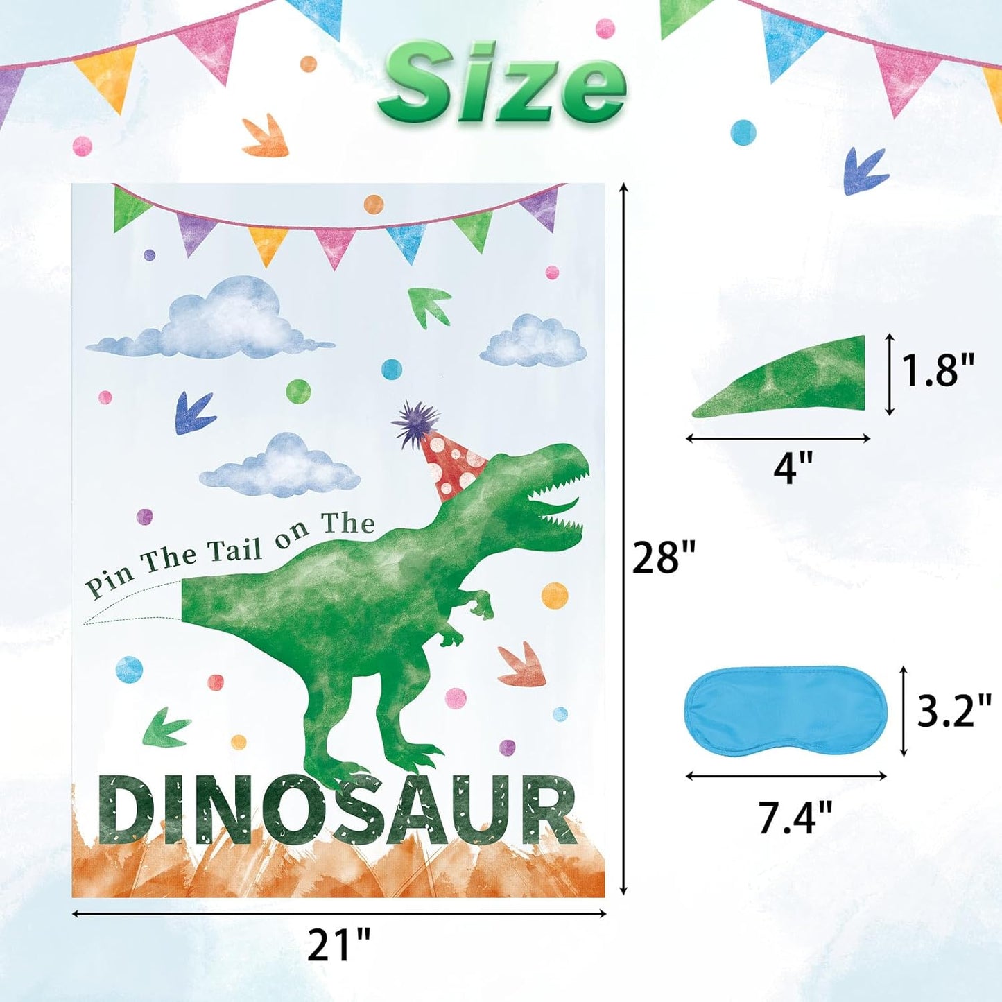 Pin The Tail on The Dinosaur Party Game with 24 PCS Tails and Two Eye Mask for Kids Girls Birthday Game 21'' x 28'' (Dinosaur)