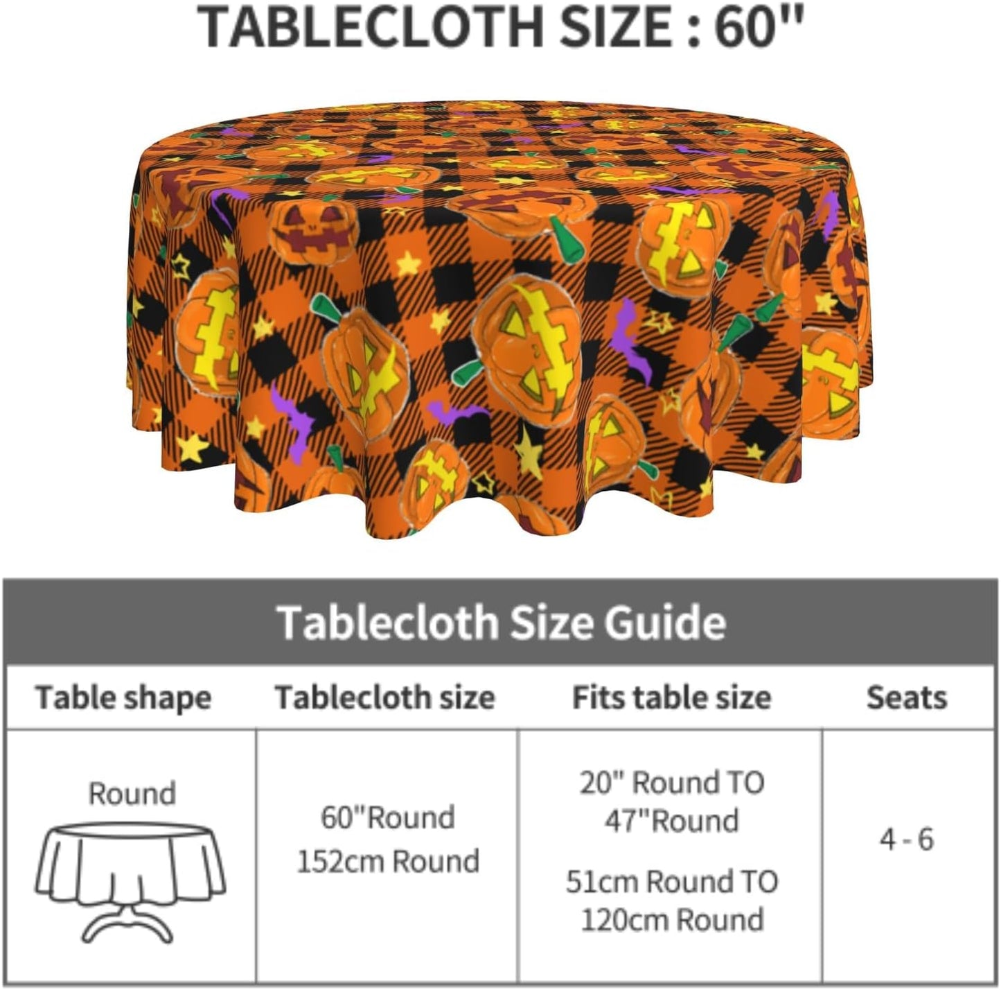 Giwawa Happy Halloween Round Tablecloth 60 Inch Spooky Pumpkins Bats Checkered Circle Table Cover Orange Black Buffalo Plaids Table Cloth Washable Polyester for Dining Kitchen Party Holiday Decor