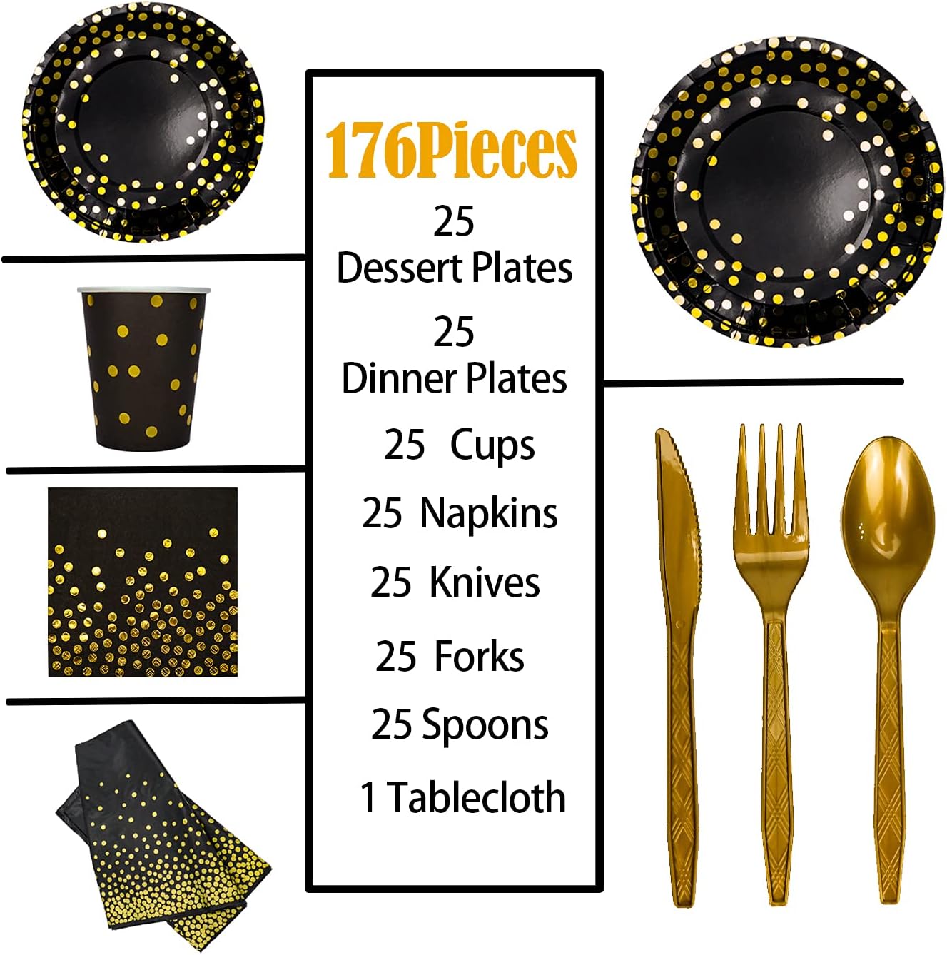 176 Pieces Gold Disposable Party Dinnerware Set &Golden Dot Disposable Party Dinnerware - Black Paper Plates Napkins Cups, Gold Plastic Forks Knives Spoons