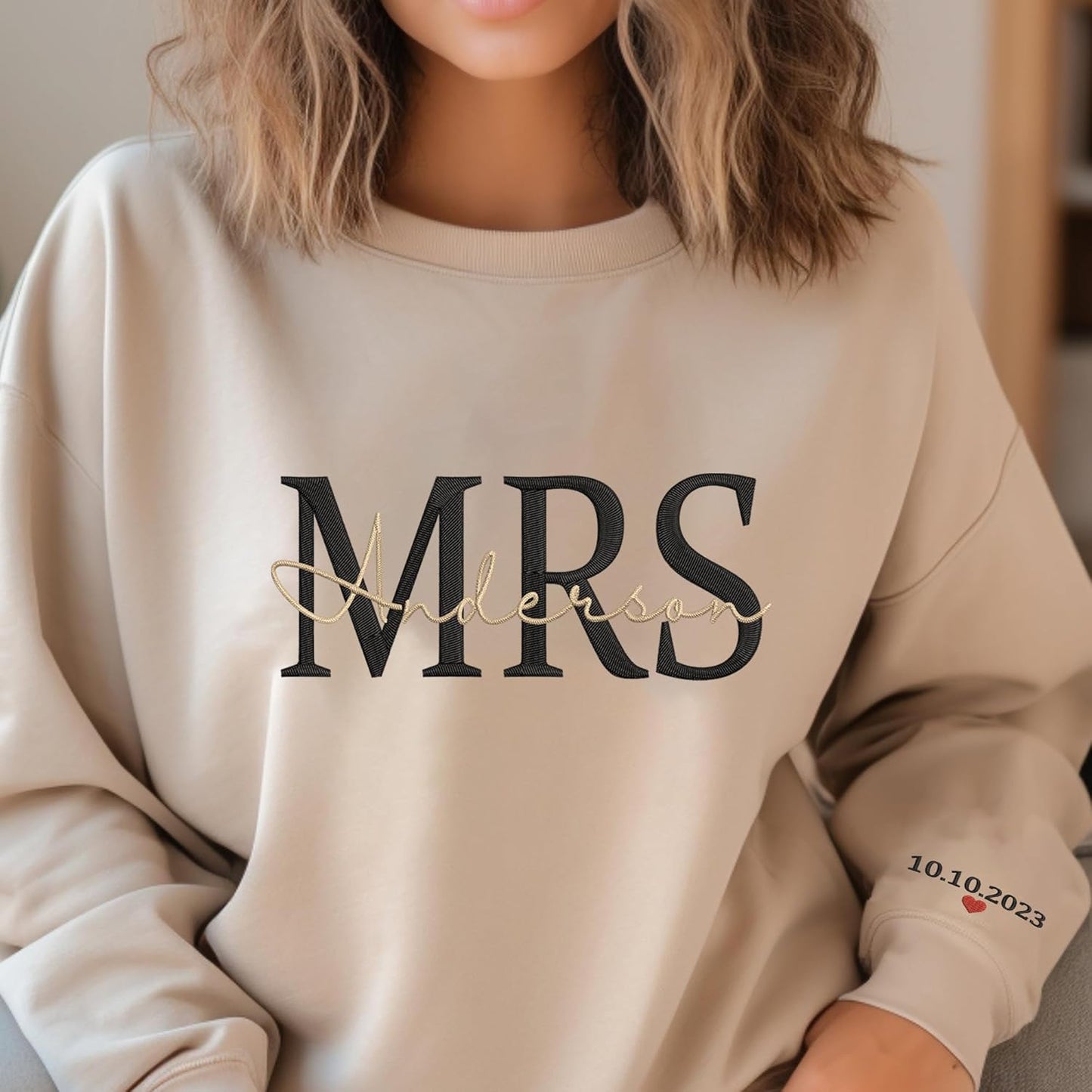 Custom Mr & Mrs Embroidered Sweatshirt – Matching Couple Sweatshirt - Personalized Anniversary Date or Text on Sleeve – Gifts for Him and Her, Wedding, Valentine’s Day, Christmas