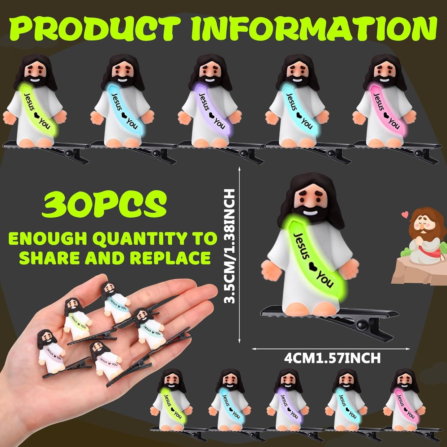 30 Pcs Mini Glow Hair Clips Girls Rave Hair Clips for Women Christmas Music Festival Holiday Party Supplies (Jesus)