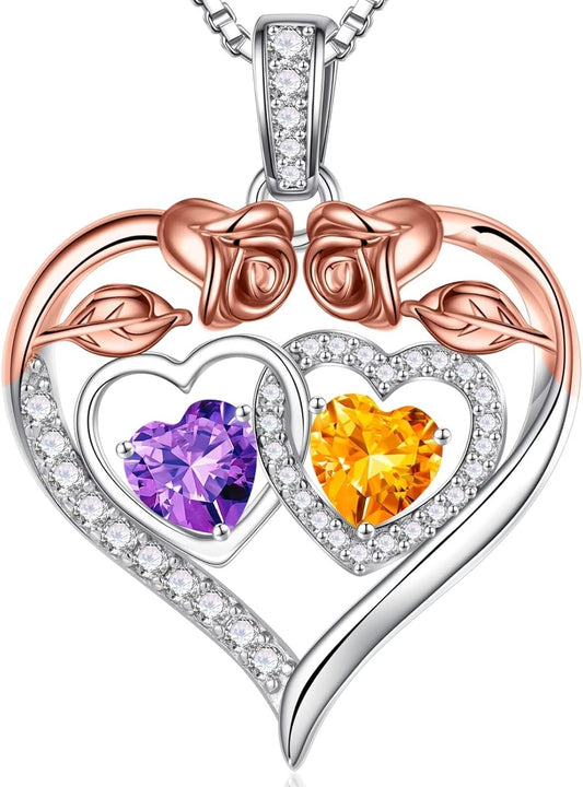 Iefil Double Birthstone Necklace Gifts for Wife Girlfriend Her Women, Birthstone Jewelry Gemstone Valentines Birthday Gifts for Her Women Wife Mom Grandma