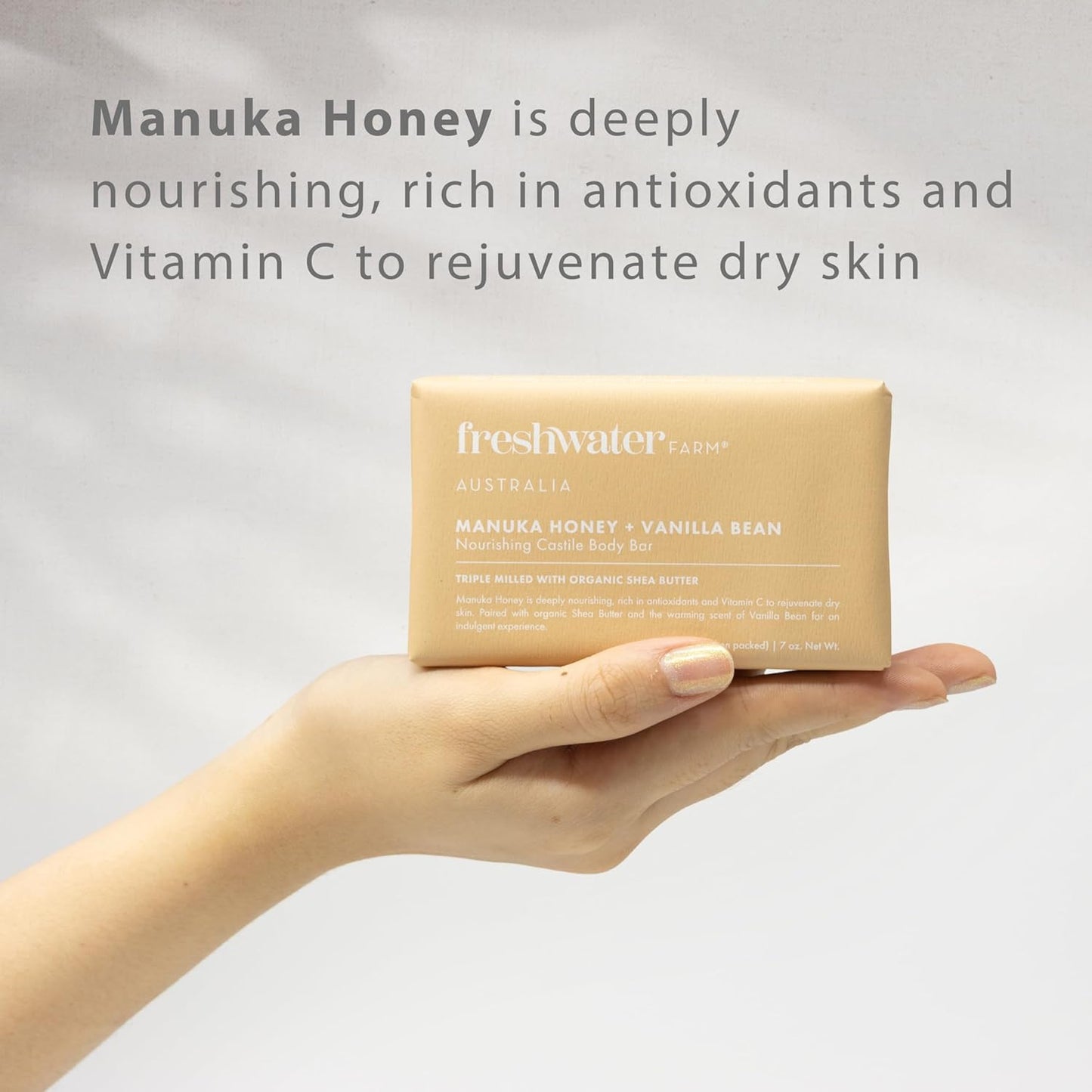 Freshwater Farm Australia Soothing Castile Natural Body Bar/Soap Bar for Women/Men- Manuka Honey + Vanilla Bean. Bar Soap/Body Soap With Organic Shea Butter For Dry, Sensitive Skin - 7 oz x 8 pack