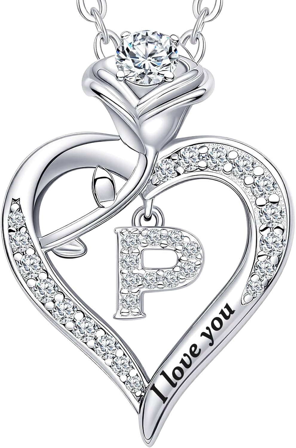 Rose Heart Pendant Necklace Gifts for Wife, Engraved 'I love you' Gift for Wife Girlfriend, Anniversary Birthday Eternity Jewelry Present for Women, Moissanite Necklace Gift for Her