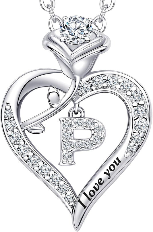 Rose Heart Pendant Necklace Gifts for Wife, Engraved 'I love you' Gift for Wife Girlfriend, Anniversary Birthday Eternity Jewelry Present for Women, Moissanite Necklace Gift for Her