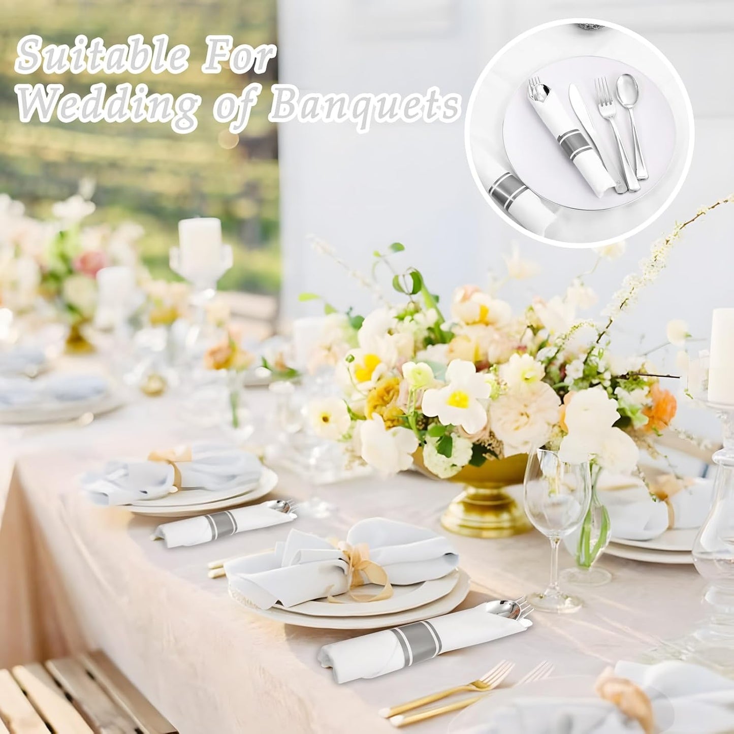 Supernal 120pack Silver Plastic Silverware,Rolled Plastic Silverware,Pre Rolled Napkins with Cutlery Set,Wrapped Disposable Cutlery Set with Napkin Perfect for Christmas Thanksgiving Halloween Party