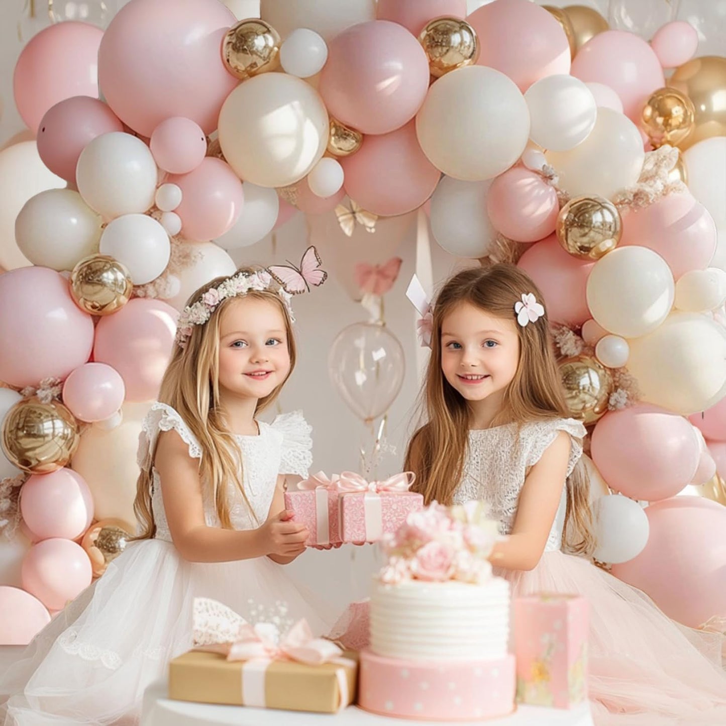 Pink Beige White Balloons Arch Kit, Light Pastel Pink Beige Sand White Chrome Gold Bobo Balloons for Engagement Wedding Bridal Shower Birthday Princess Party Decorations