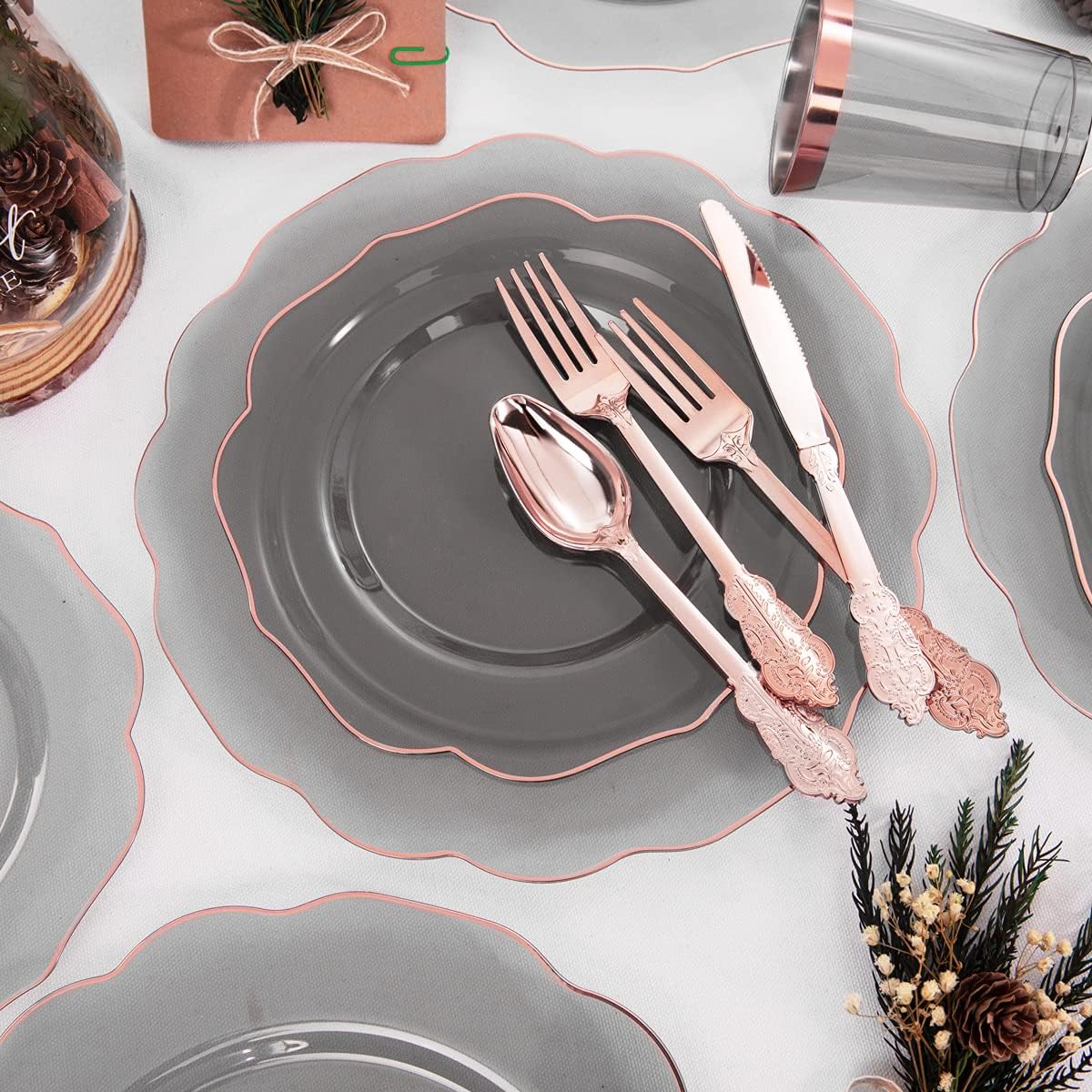 BUCLA 30Guests Clear Black Plastic Plates With Rose Gold Silverware & Cups - Rose Gold Rim Plastic Dinnerware Ideal for Party, Halloween & New Year