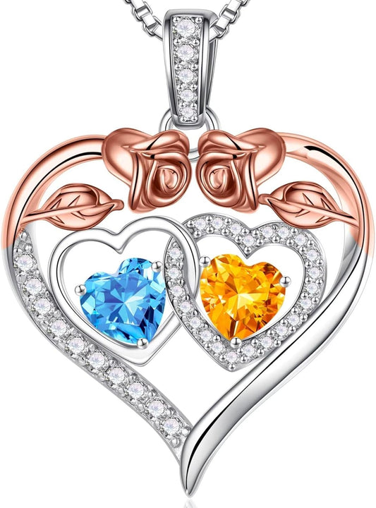 Iefil Double Birthstone Necklace Gifts for Wife Girlfriend Her Women, Birthstone Jewelry Gemstone Valentines Birthday Gifts for Her Women Wife Mom Grandma