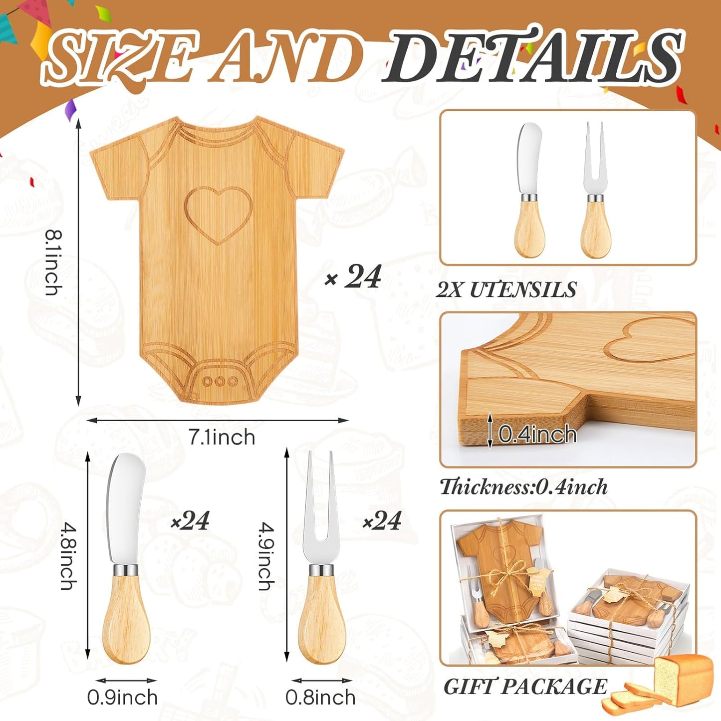 24 Set Baby Shower Gifts for Guests Clothing Shaped Charcuterie Board Set Thank You Tags with Box Mini Cheese Board Party Favors for Gender Reveal Favors Baby Shower Game Prizes (Bamboo Color)