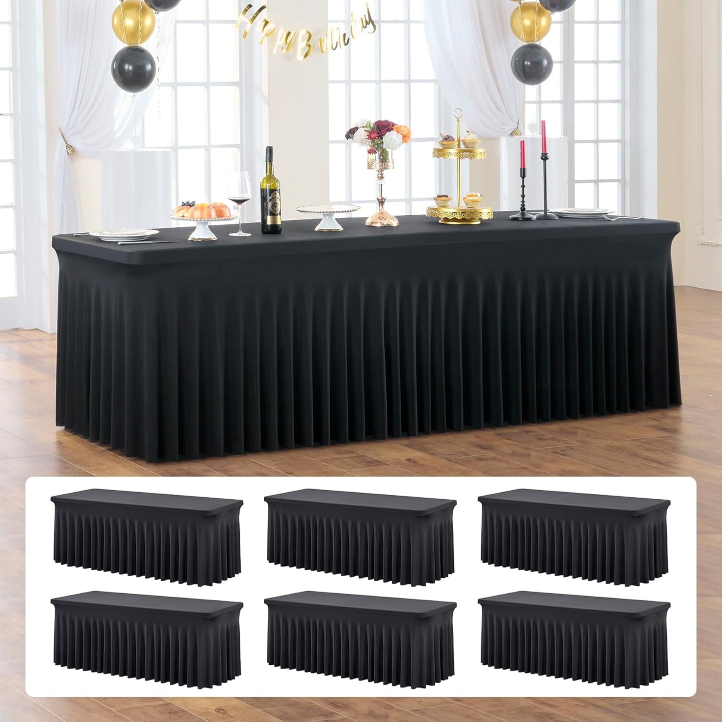 6 Pack Black Fitted Spandex Table Cloth Rectangle 8ft, Wrinkle Free High-Stretch Skirted Tablecloths for 8 Foot Rectangle Tables, Decor Parties Weddings Birthday Banquet Spandex Table Cloths Cover