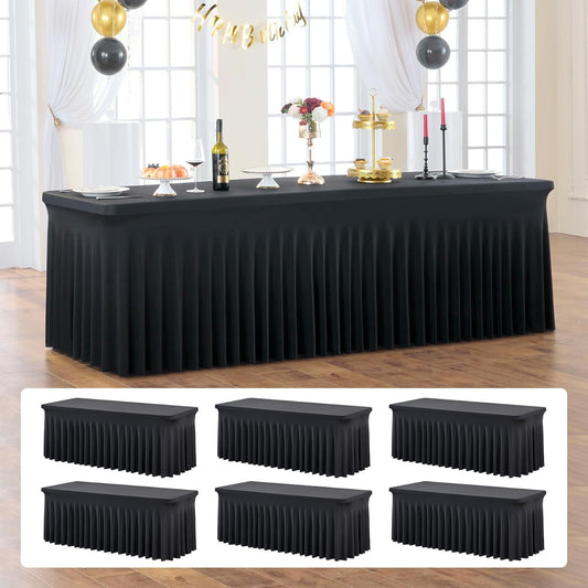 6 Pack Black Fitted Spandex Table Cloth Rectangle 8ft, Wrinkle Free High-Stretch Skirted Tablecloths for 8 Foot Rectangle Tables, Decor Parties Weddings Birthday Banquet Spandex Table Cloths Cover