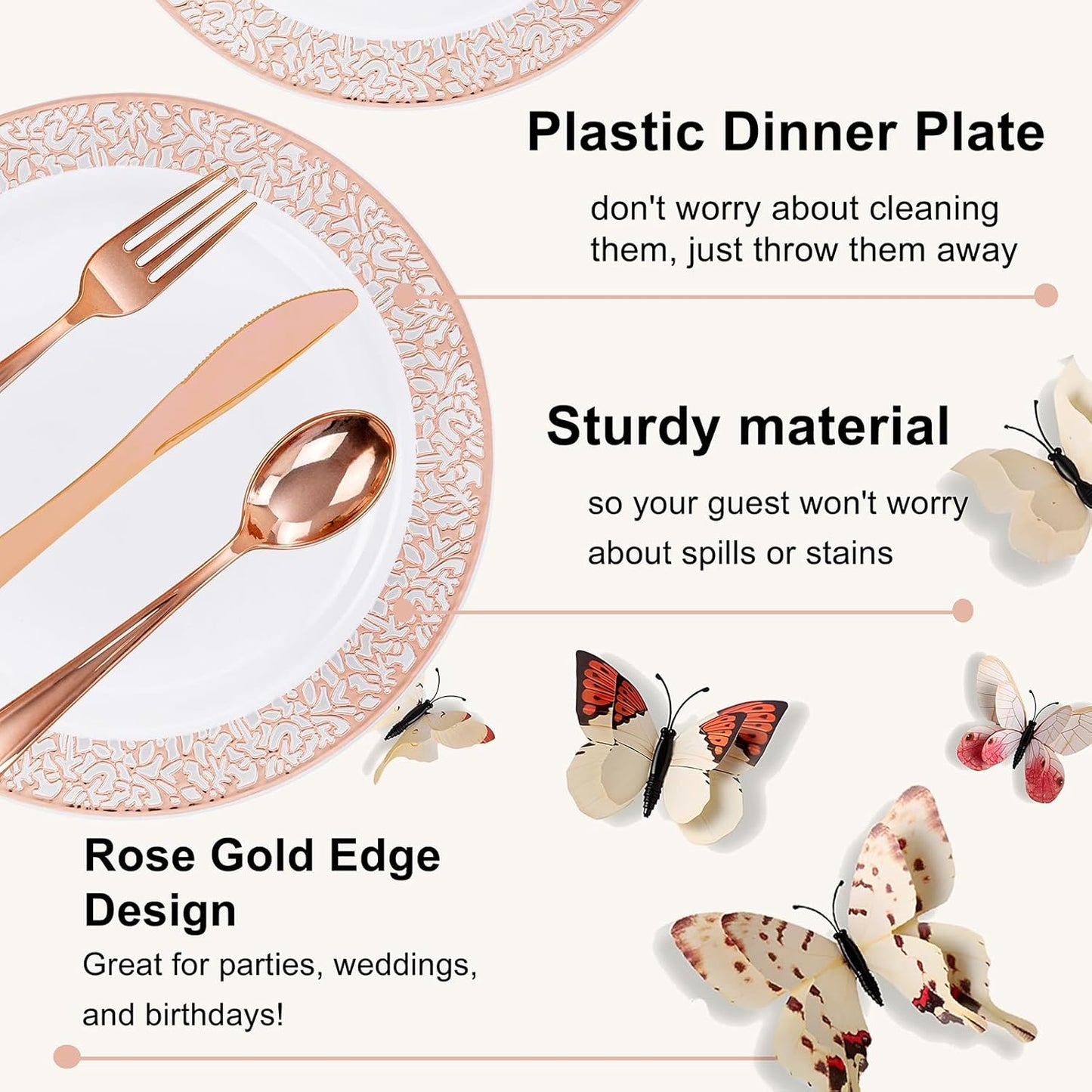 WELLIFE 350 PCS Rose Gold Disposable Dinnerware Set for 50 Guests, Disposable Rose Gold Lace Plates, Include:50 Dinner Plate, 50 Dessert Plates, 50 Pre Rolled Napkins with Silverware and 50 Cups