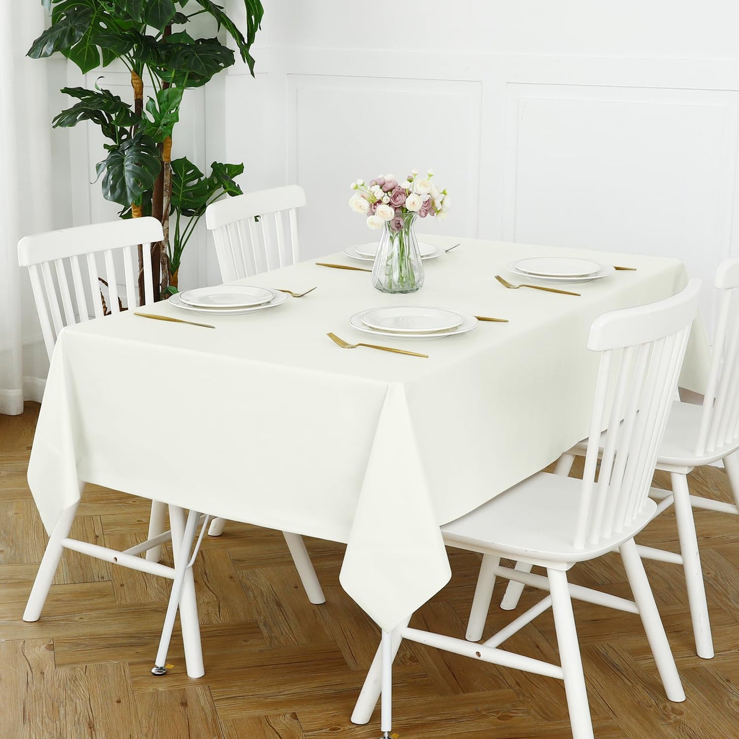 Romanstile 100% Waterproof PVC Tablecloth, Rectangle Oil Spill Proof Stain Resistant Vinyl Table Cloth, Wipe Clean Plastic Table Covers for Kitchen/Dining/Parties - 60 x 102 Inch, Ivory