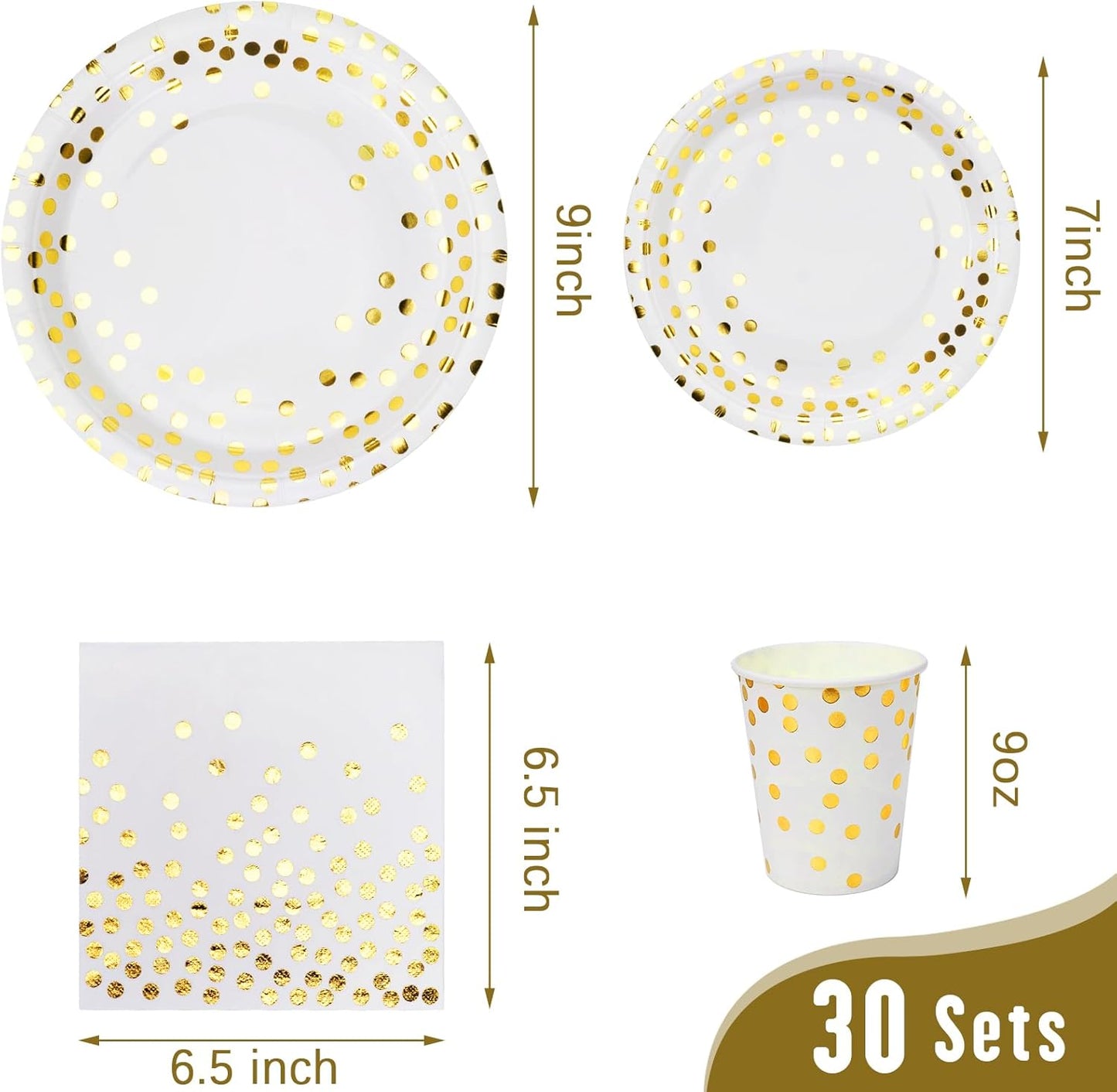 Party Supplies Set - 210 Pieces of White and Gold Dot Paper Plates, Cups, Napkins, and Heavy Duty Silverware for 30 Guests for Birthdays, Graduation, Wedding, Festivals