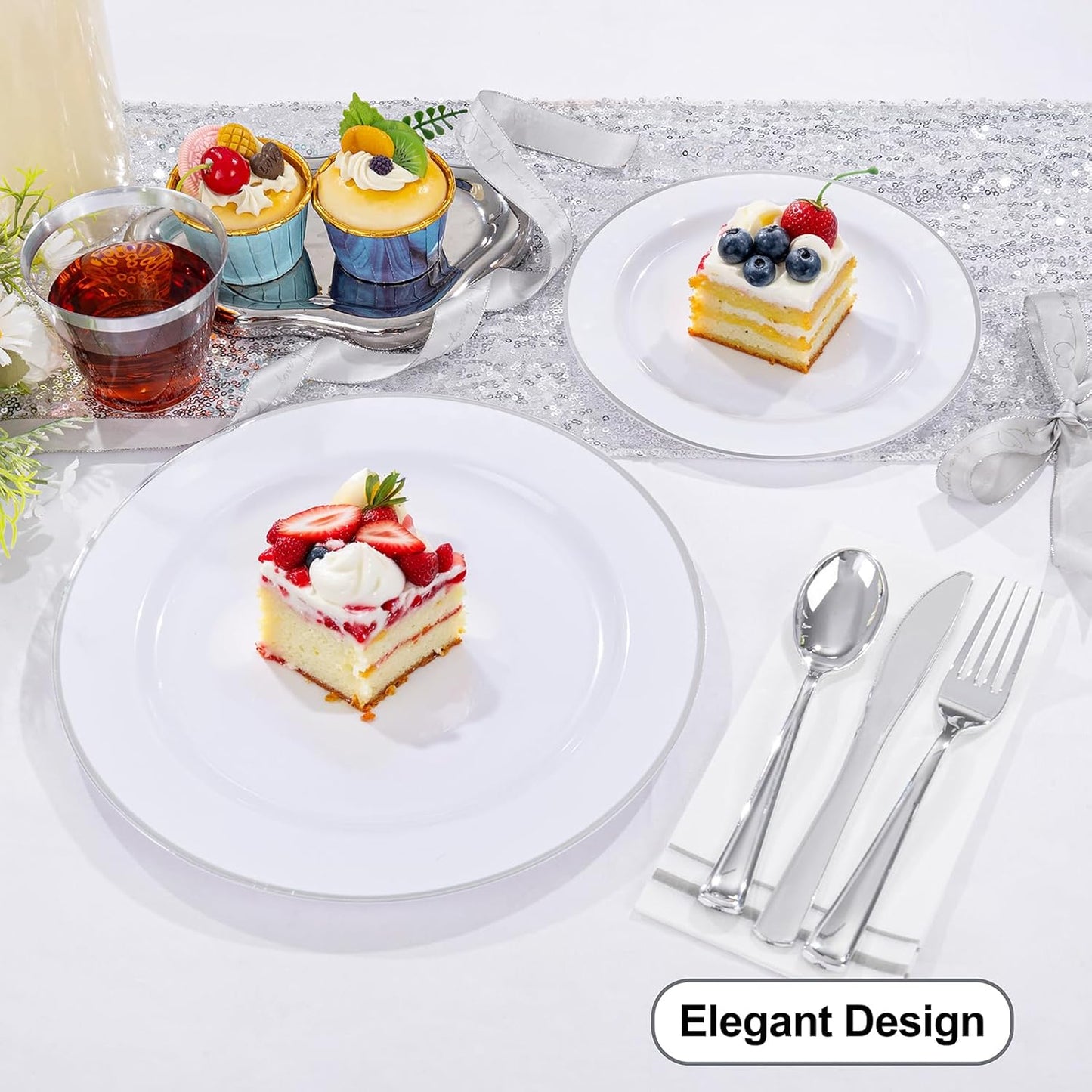 SUT 350 Piece Silver and White Plastic Dinnerware Set for 50 Guests, Disposable Plastic Plates, Include: 50 Dinner Plates, 50 Dessert Plates, 50 Pre Rolled Napkins with Silver Silverware, 50 Cups