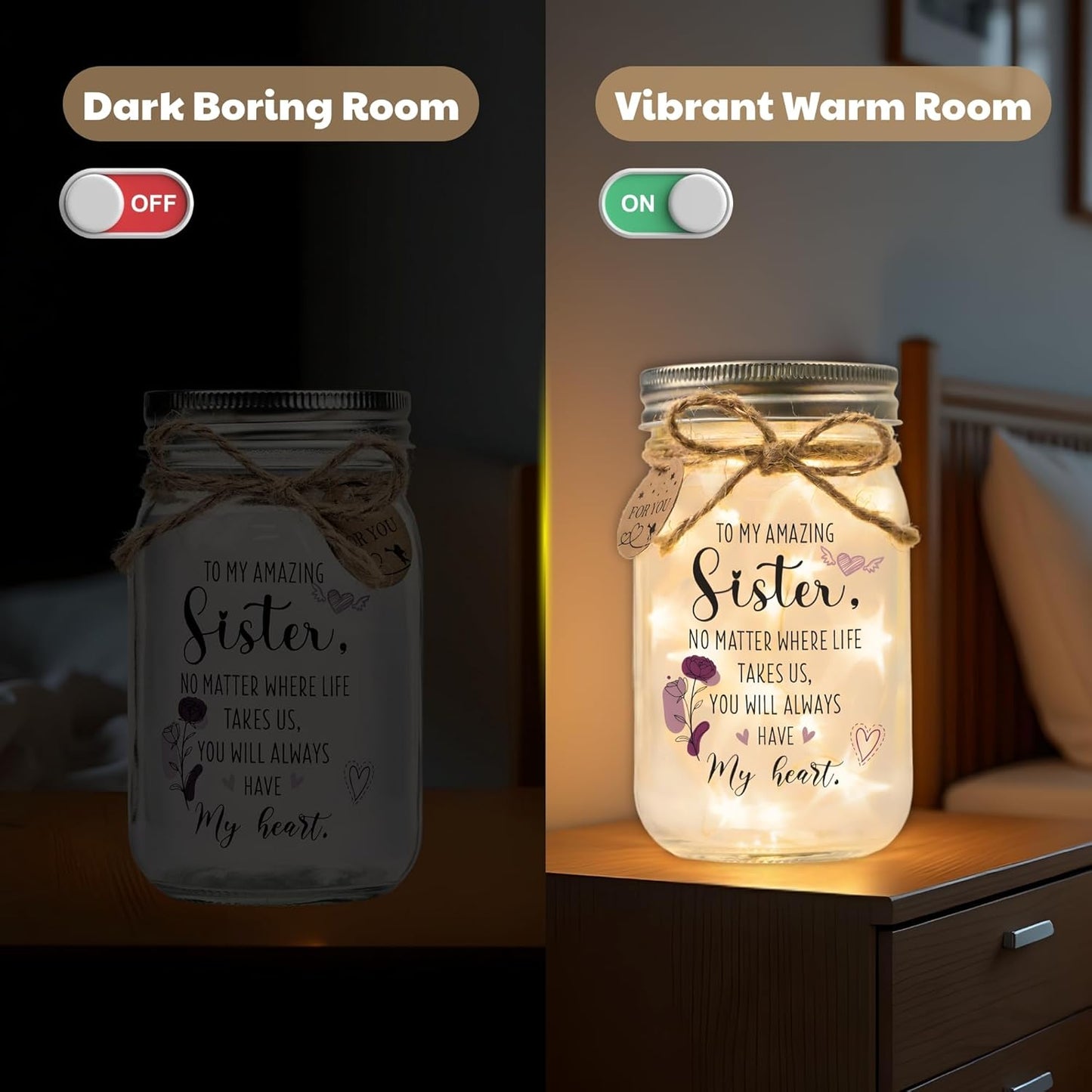 SOLMAY Sister Gifts Mason Jar Night Light – Unique Birthday & Christmas Gift for Sister– Sentimental Decorative Lamp from Sibling or Brother with Warm LED Fairy Lights