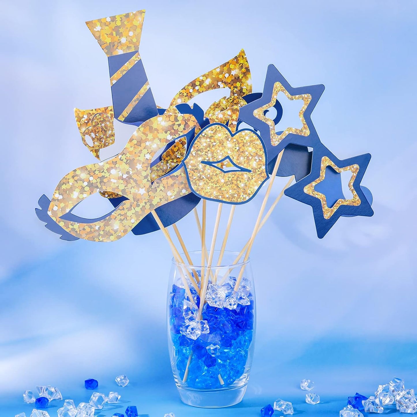 Zonon 24 Pieces Funny Photo Booth Props:Halloween,Christmas,Family Reunion, Class Reunion, Birthday, Weddings, Prom Disco Mardi Gras Party Supplies - Mix of Hats, Lipstick, Tie(Gold and Navy Blue)