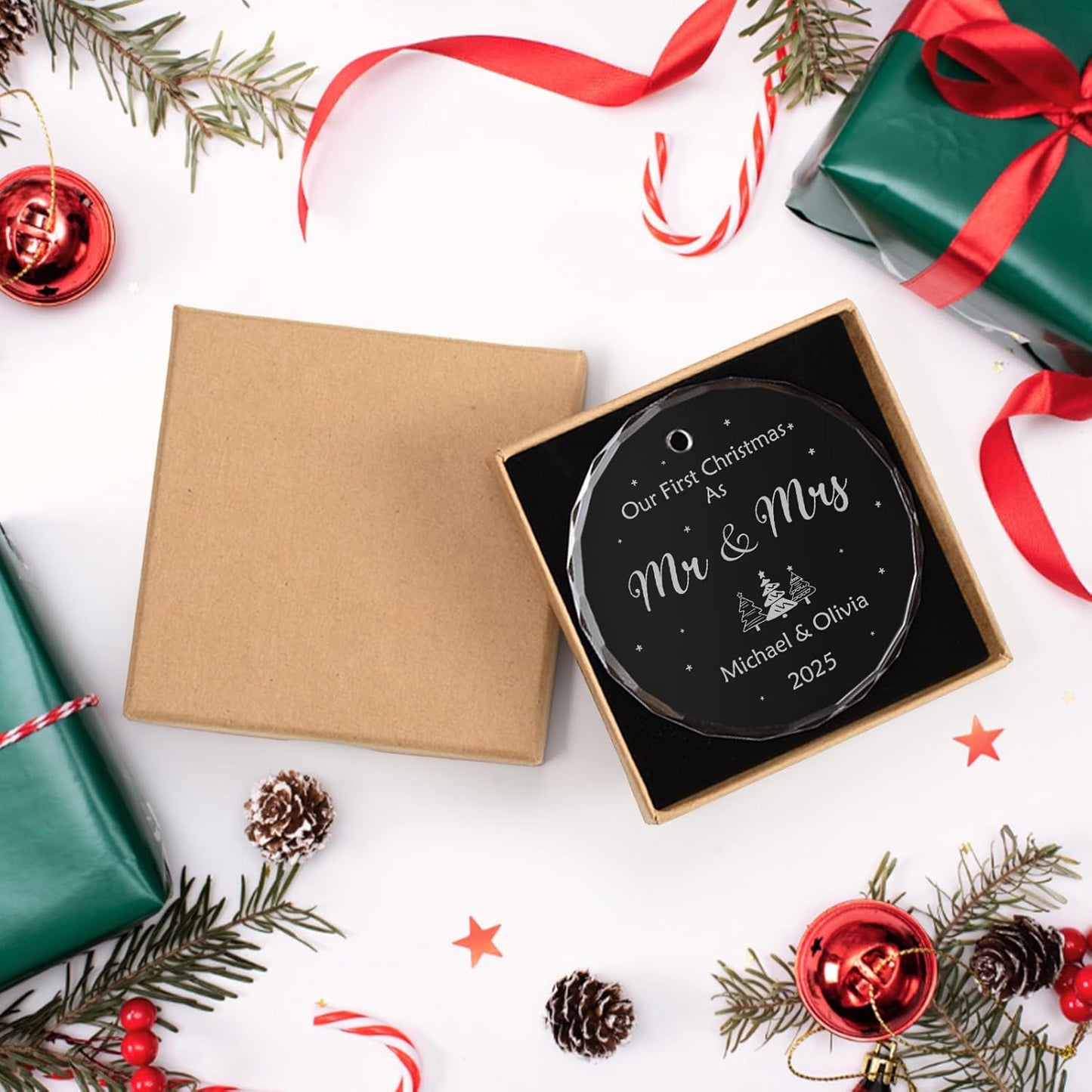 Personalized First Christmas Married Ornament 2025, Custom Engaged Christmas Ornaments with Names, Customized Wedding Engagement Gifts for Newlywed Couples Him Her