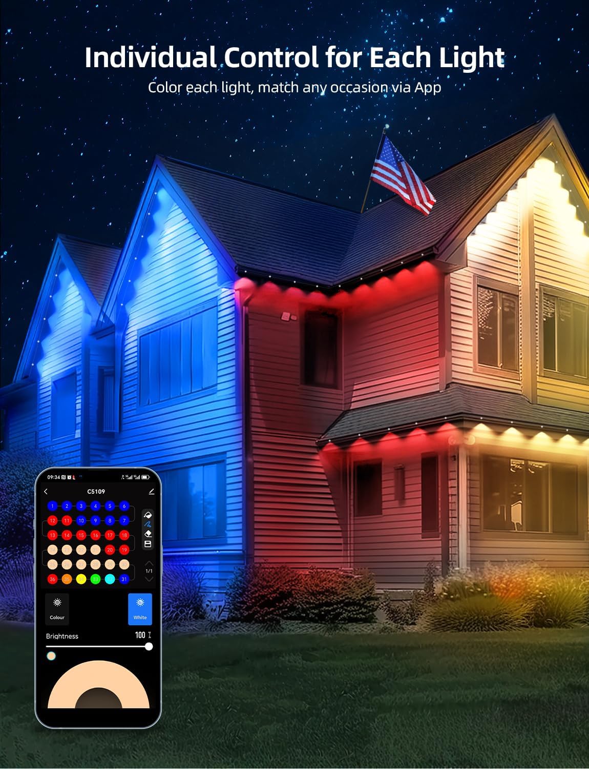 APPECK Permanent Outdoor Lights 50ft with 36 RGBW LEDs, 111 Scene Modes, Eaves Lights with 40lm Warm White, for Daily Holiday House Decor, App/Voice/Remote Control, White
