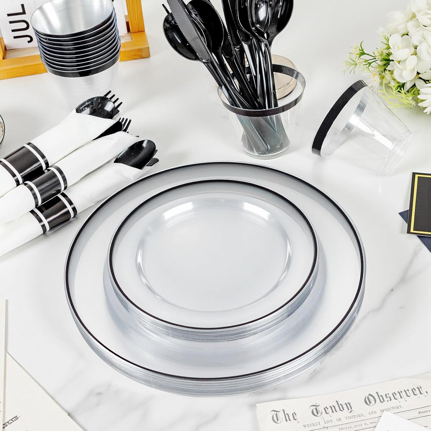 SUT 175 Pcs Black and Clear Plastic Dinnerware Set for 25 Guests, Include: 25 Dinner Plates, 25 Dessert Plates, 25 Pre Rolled Napkins With Silverware, 25 Cups, Disposable Plates for Party